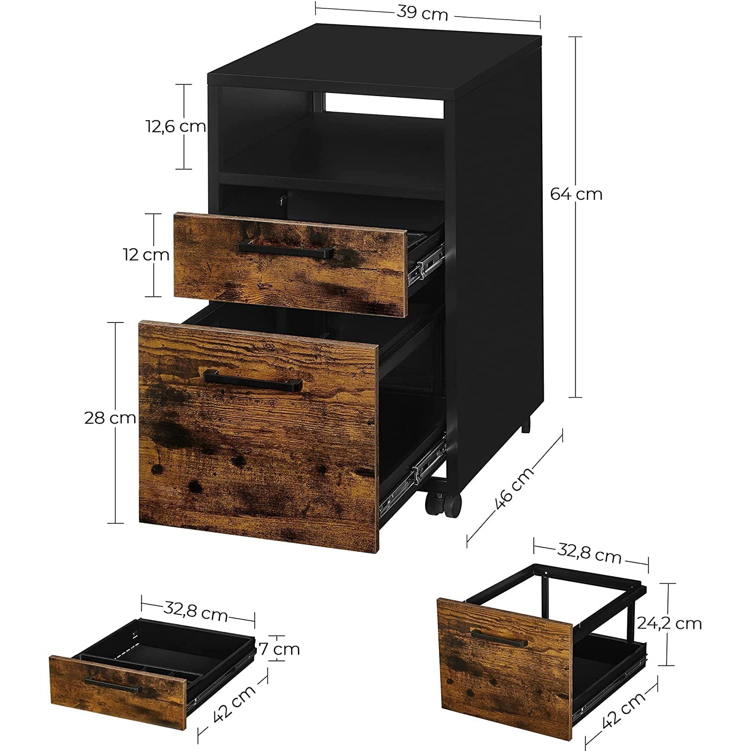 Ormar za spise, Uredski ormar s 2 ladice, 39 x 64 x 46 cm, rustikalno smeđa i crna | SONGMICS-vitahome.hr