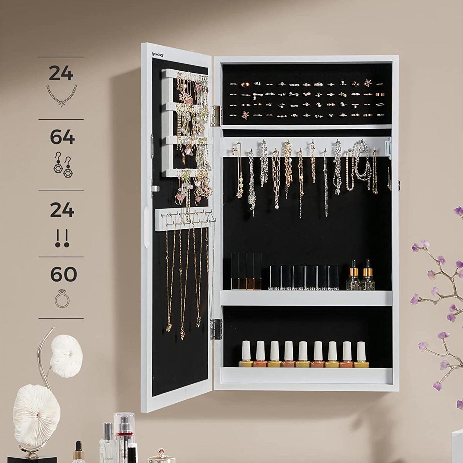 ormarić za nakit s bijelim ogledalom koji se može zaključati, zidni organizator za nakit, 37 x 10 x 67 cm | SONGMICS-vitahome.hr