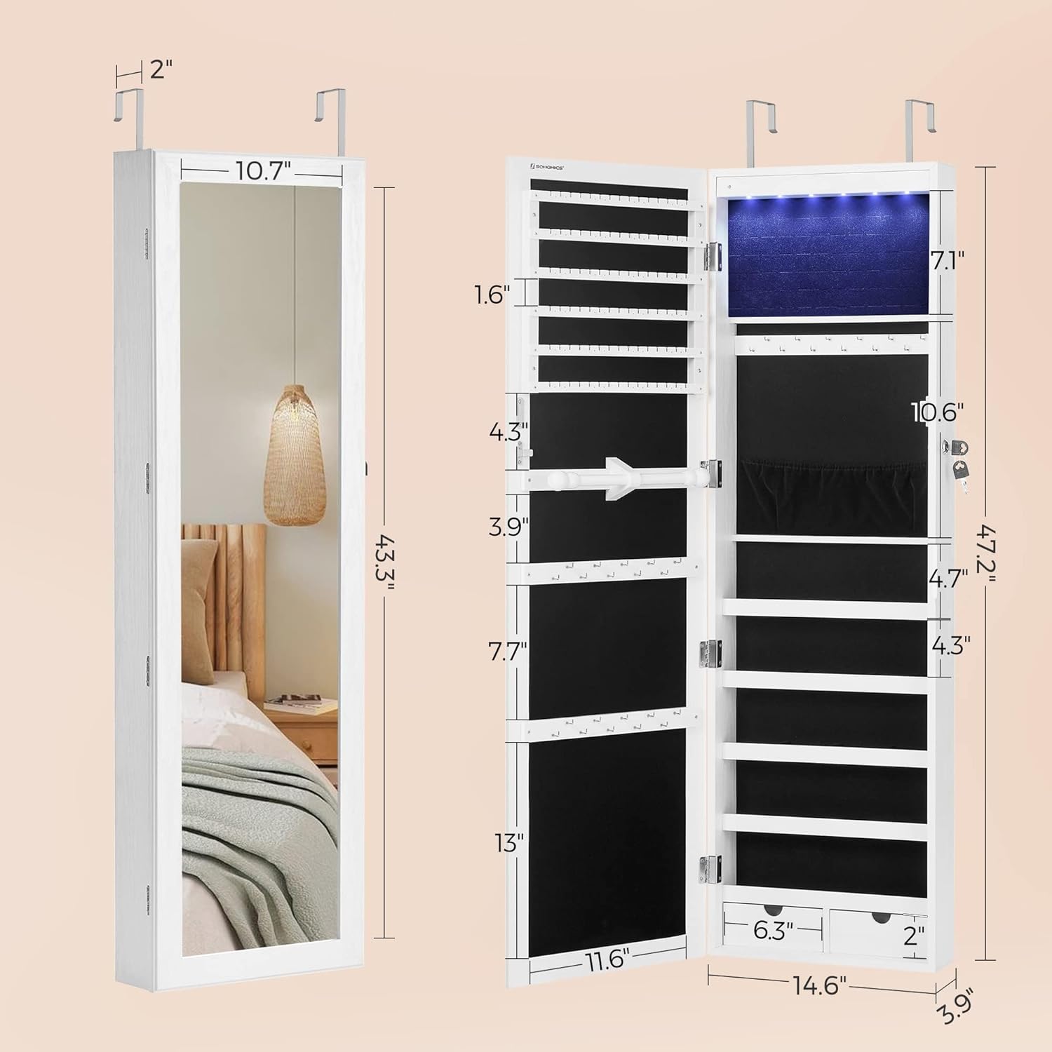 Ormarić za nakit s ogledalom i 6 LED svjetala, 10 x 37 x 120 cm, bijeli | SONGMICS