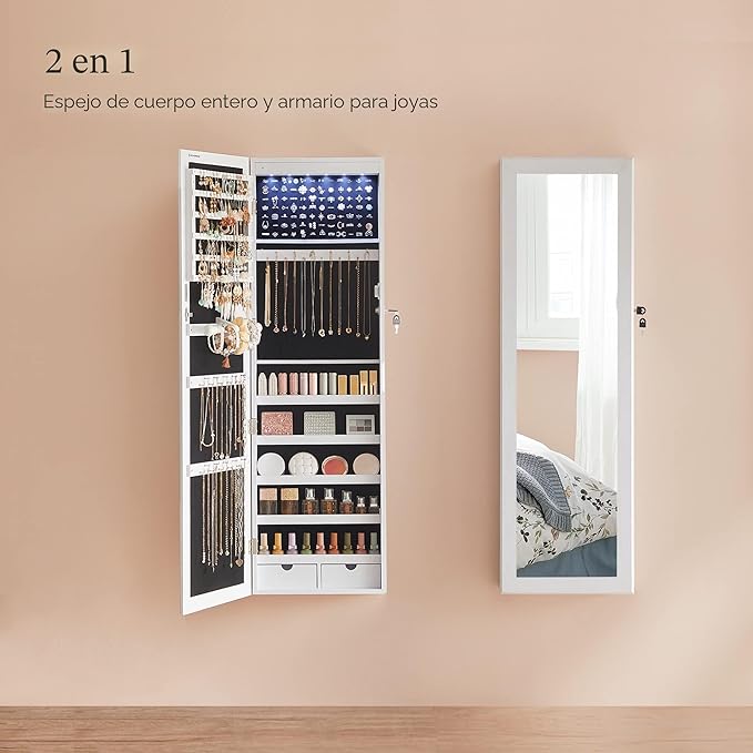 Ormarić za nakit s ogledalom i 6 LED svjetala, 10 x 37 x 120 cm, bijeli | SONGMICS