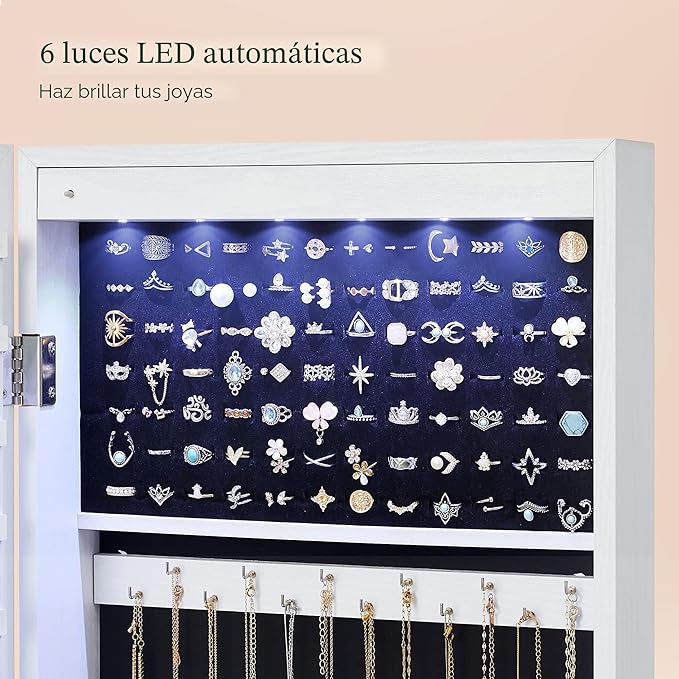 Ormarić za nakit s ogledalom i 6 LED svjetala, 10 x 37 x 120 cm, bijeli | SONGMICS