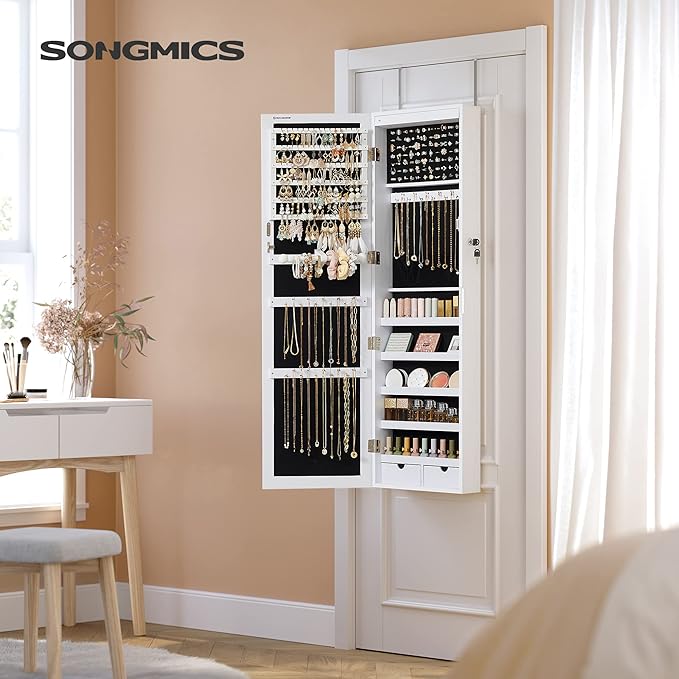 Ormarić za nakit s ogledalom i 6 LED svjetala, 10 x 37 x 120 cm, bijeli | SONGMICS