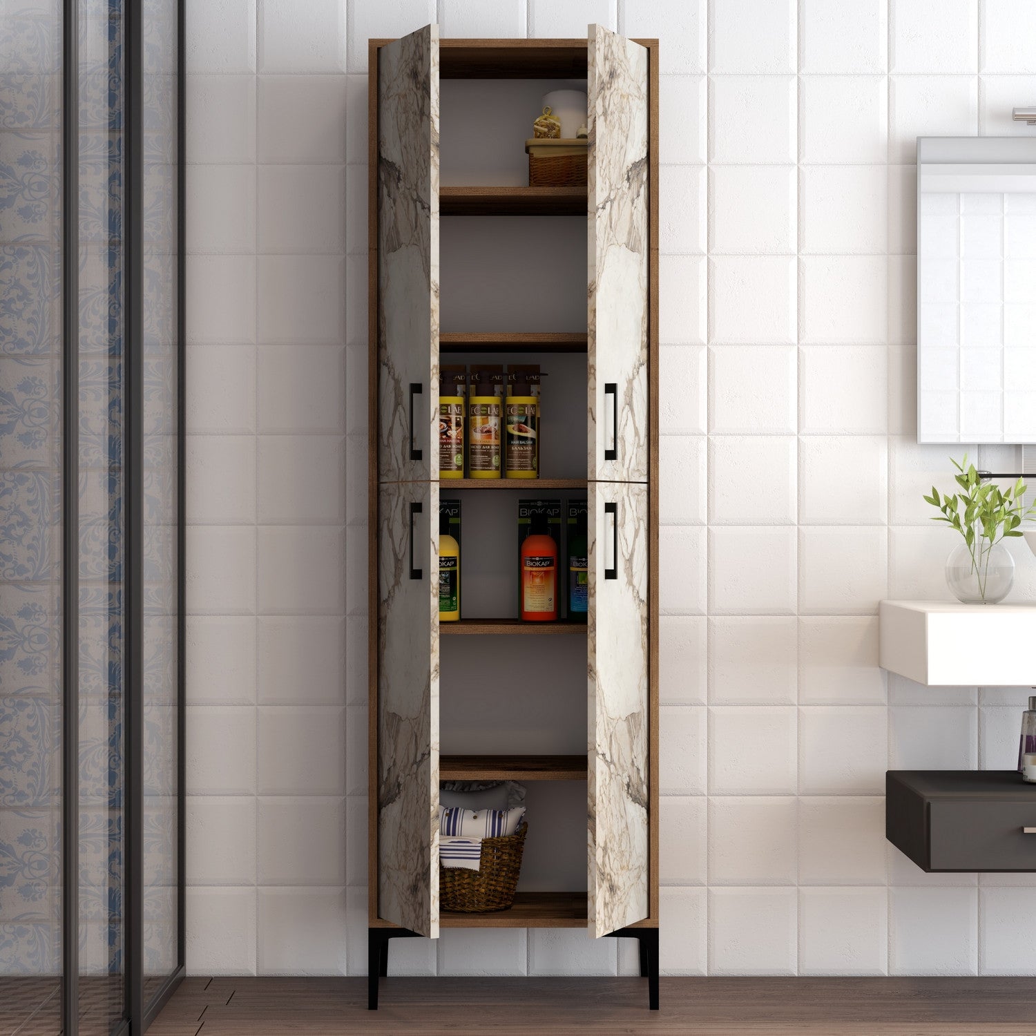 Ormarić za pohranu Berlin A - Walnut, White Marble | AG-vitahome.hr