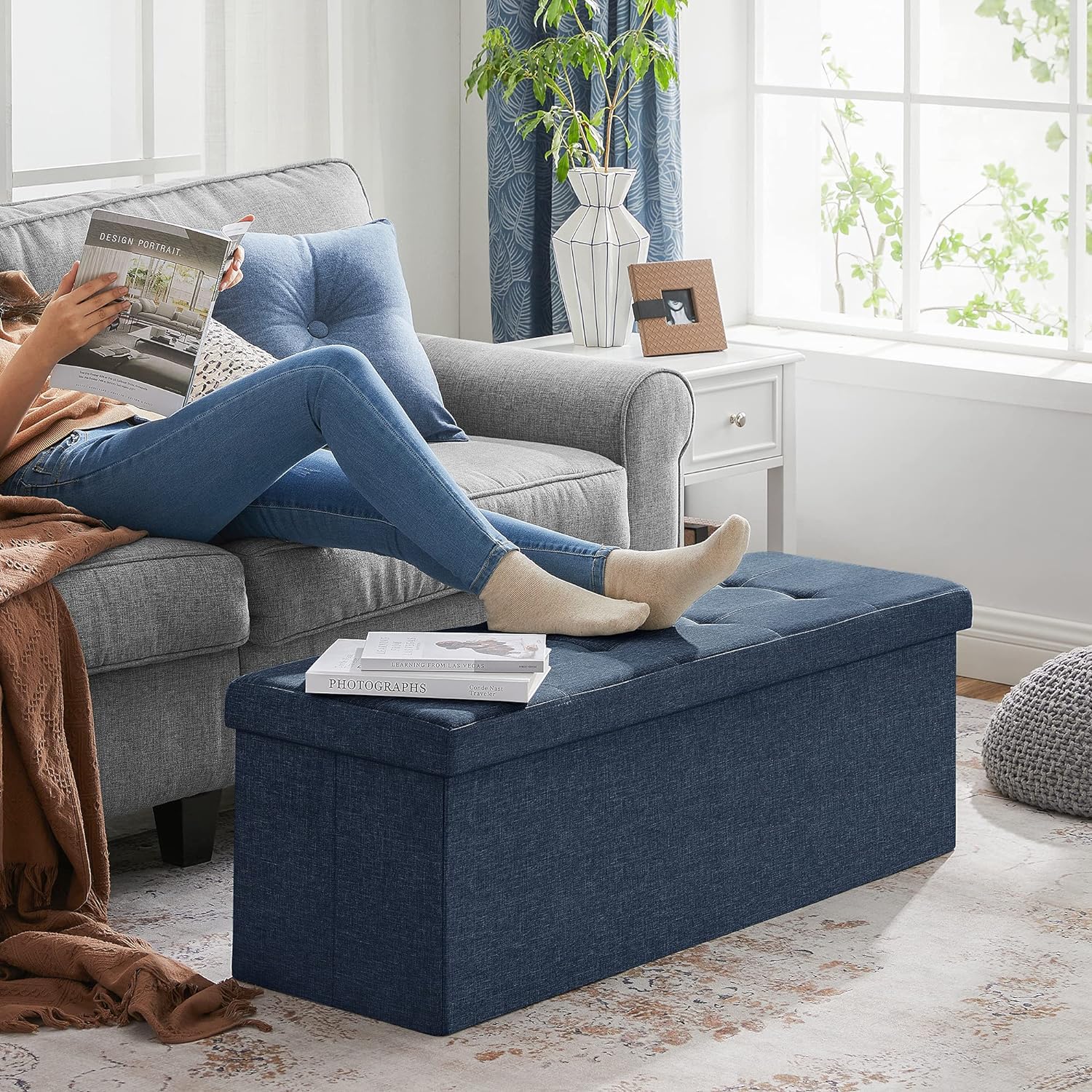 Otomanska klupa za odlaganje, 110 x 38 x 38 cm, tamnoplava | SONGMICS-vitahome.hr