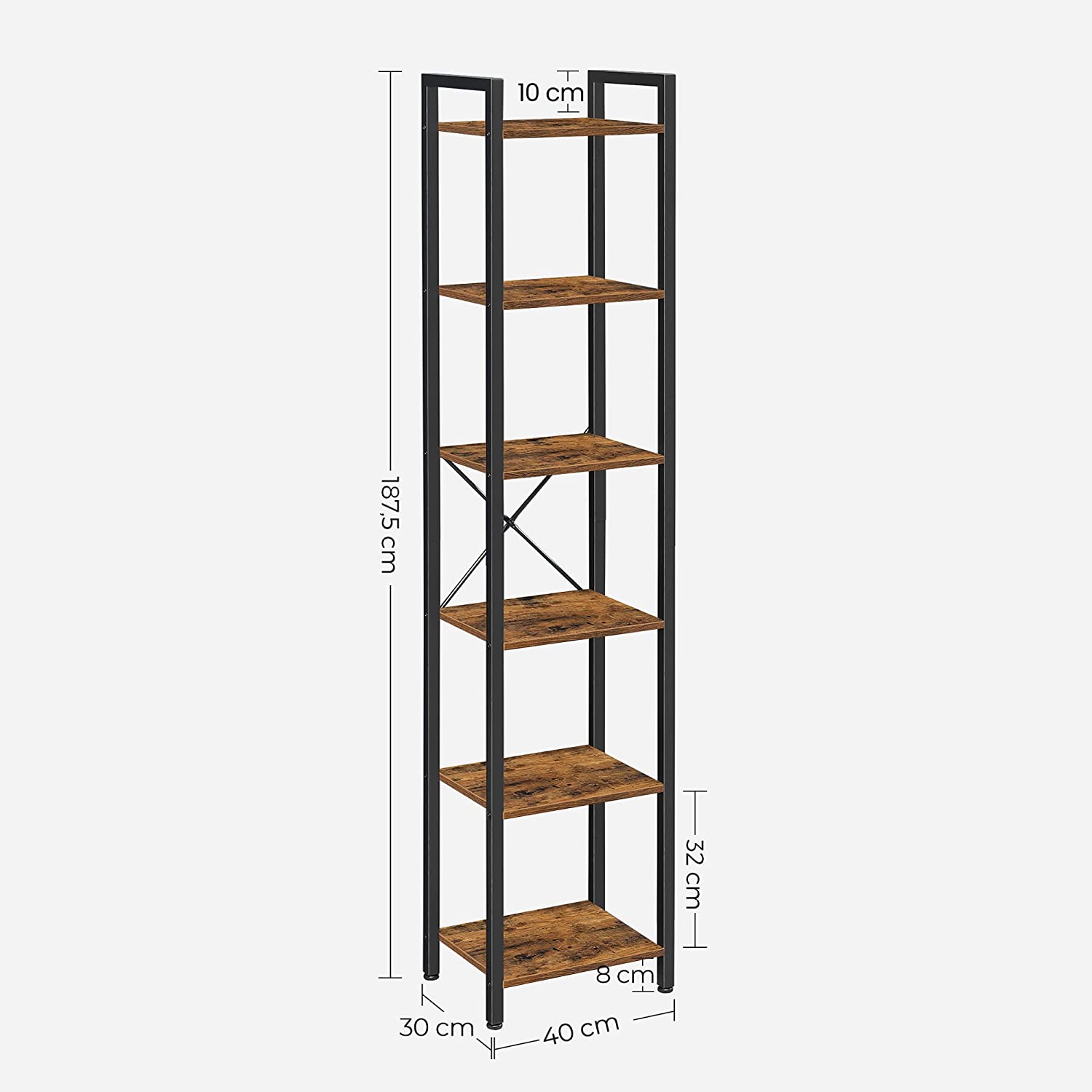 Otvorena polica za knjige, 40 x 187,5 x 30 cm, rustikalno smeđa i crna | Vasagle-vitahome.hr