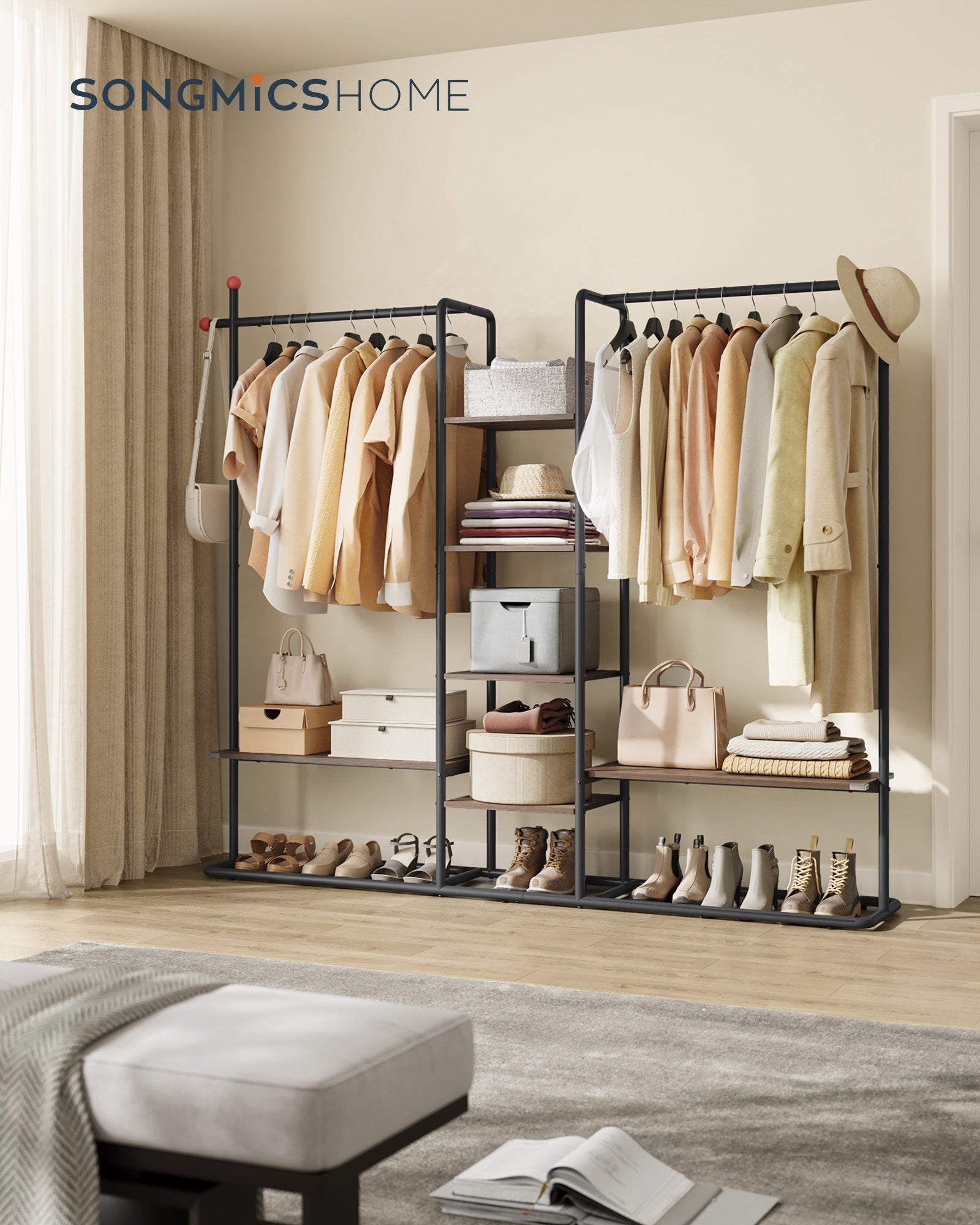Otvoreni ormar s policama, 33,8 x 163,6 x 175,3 cm, boje oraha i crni | SONGMICS