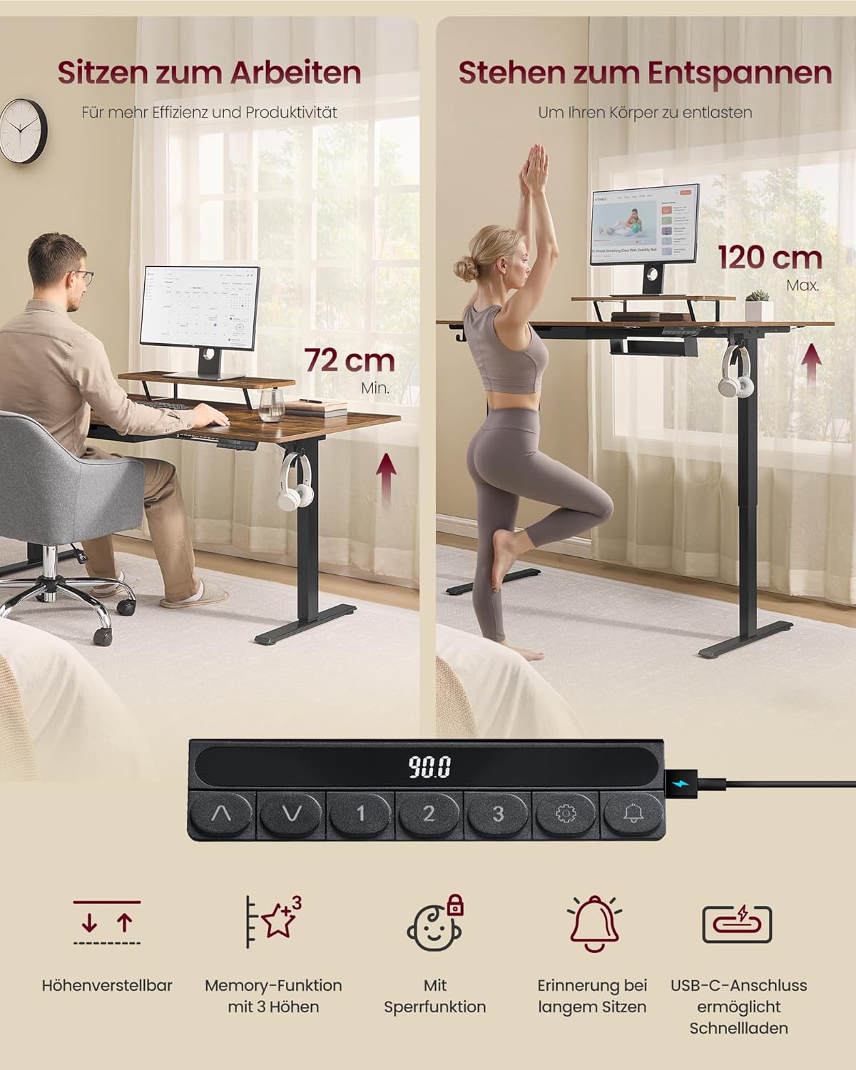 Pisaći stol s podesivom visinom, 160 x 80 cm, vintage smeđa