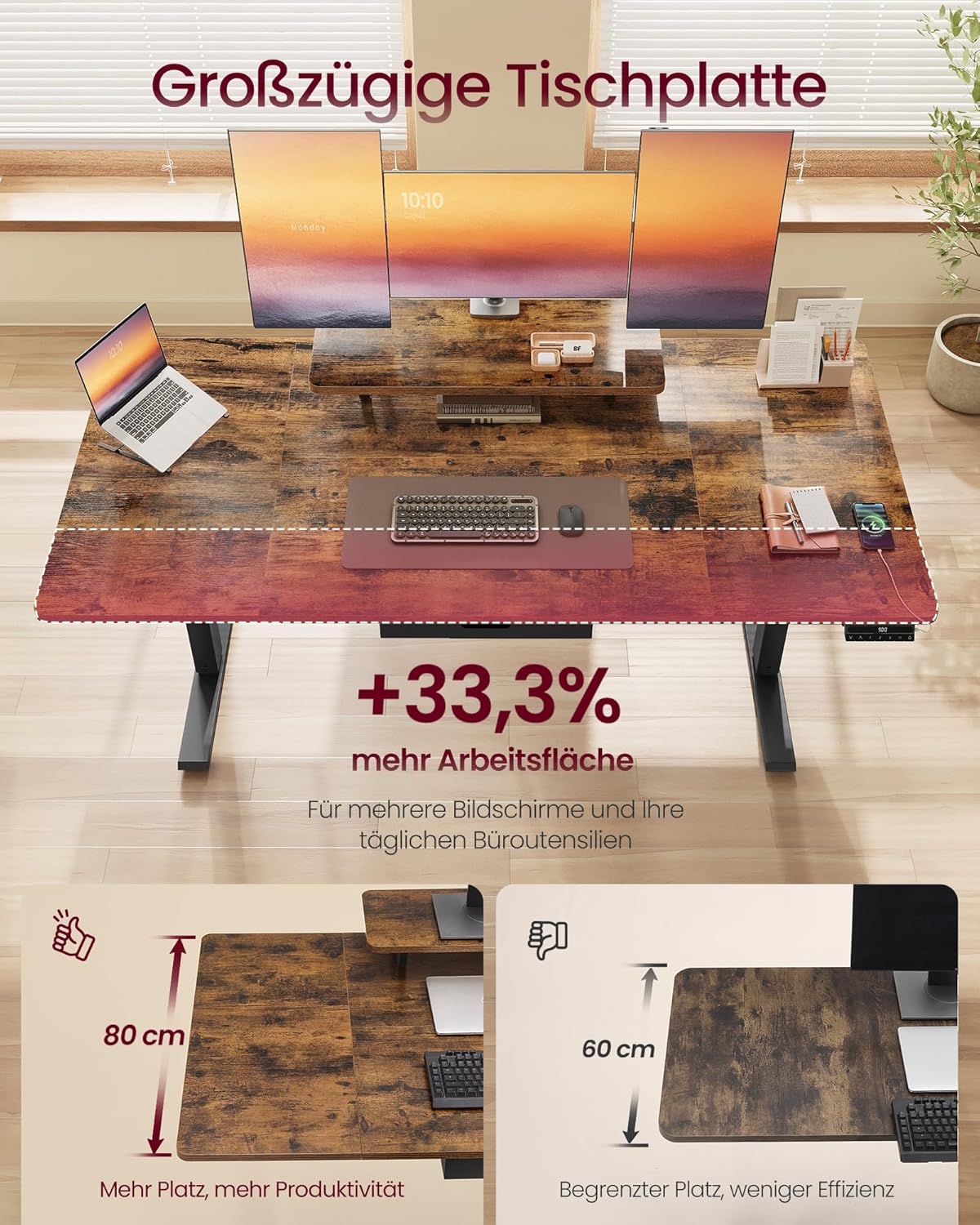 Pisaći stol s podesivom visinom, 160 x 80 cm, vintage smeđa