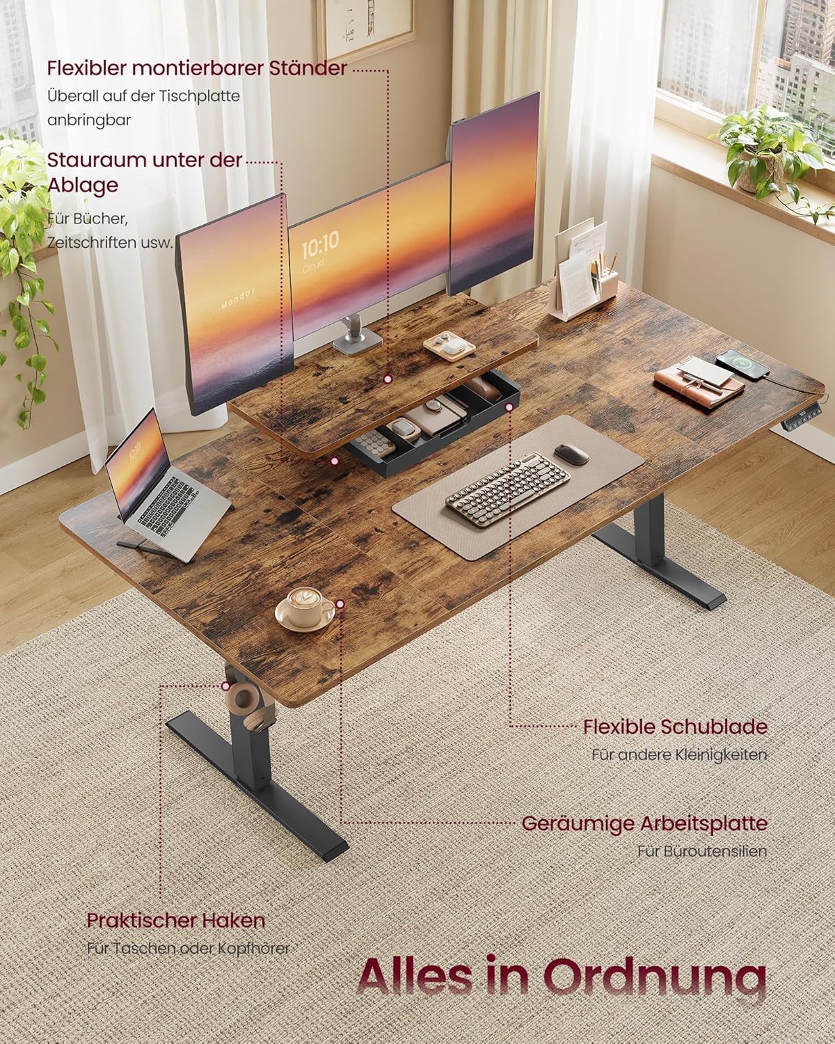 Pisaći stol s podesivom visinom, 160 x 80 cm, vintage smeđa