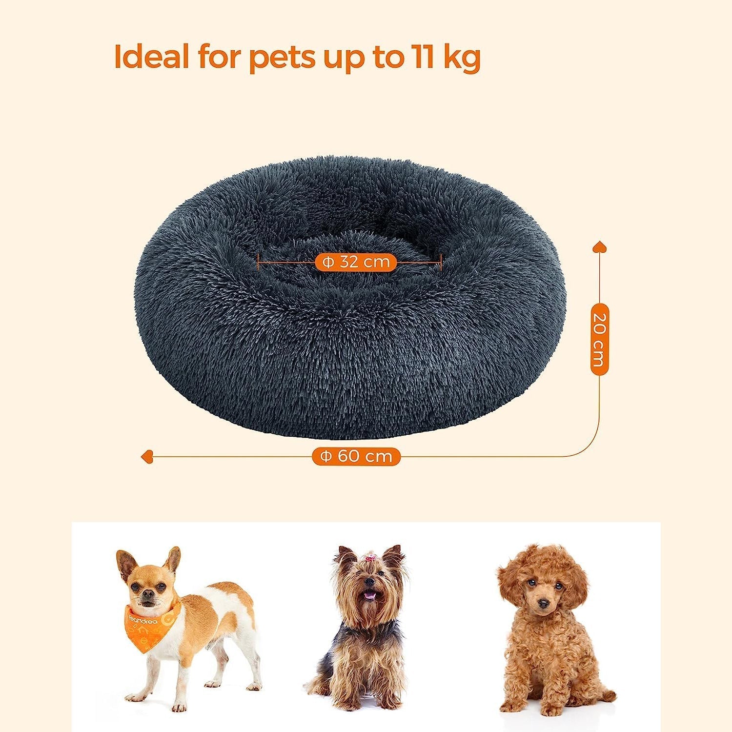 Plišani, okrugli krevetić za mačke i manje rase pasa, 60 cm, tamno sive boje | FEANDREA | FEANDREA-vitahome.hr