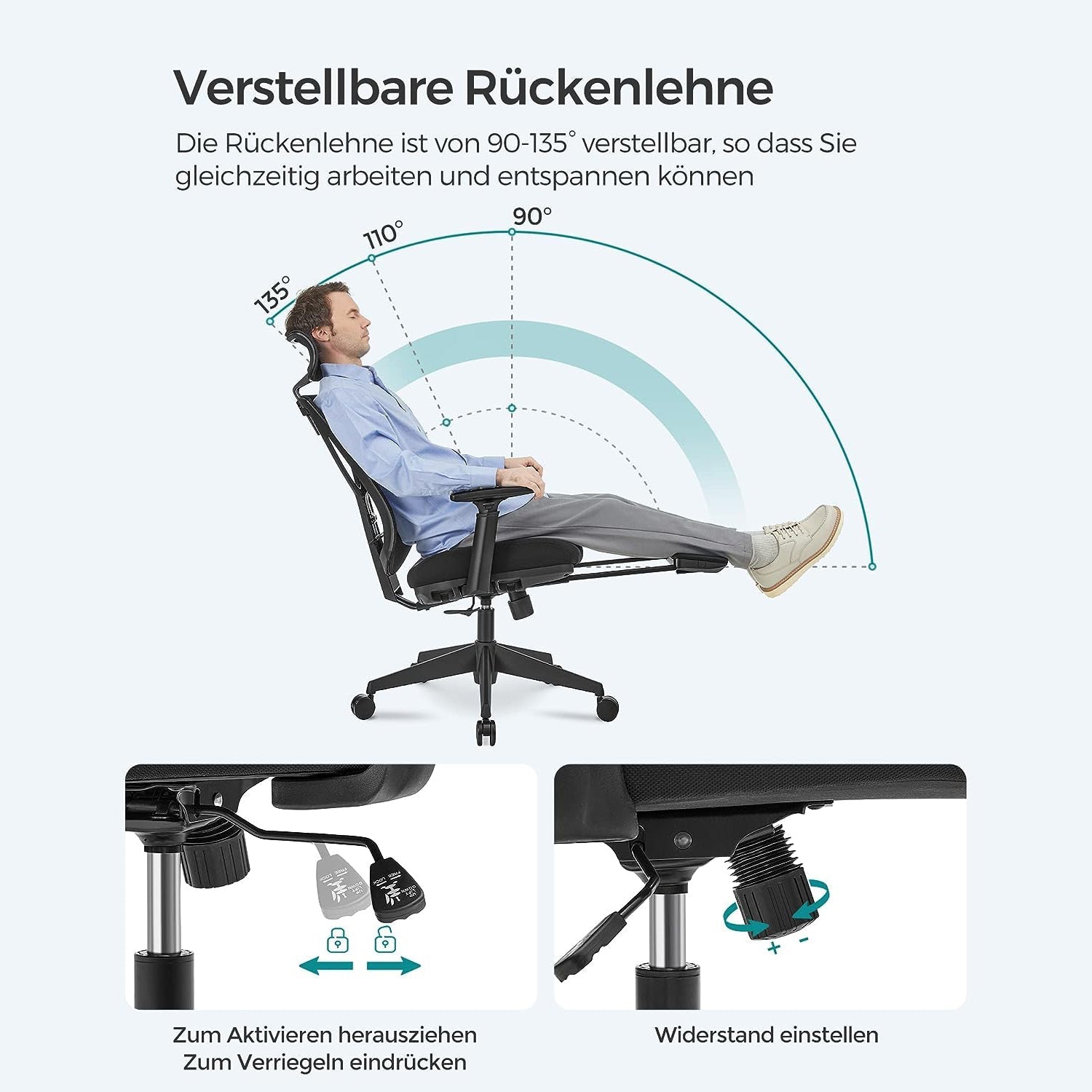 Podesiva ergonomska uredska stolica s osloncem za noge, glavu i ruke, crna | SONGMICS-vitahome.hr