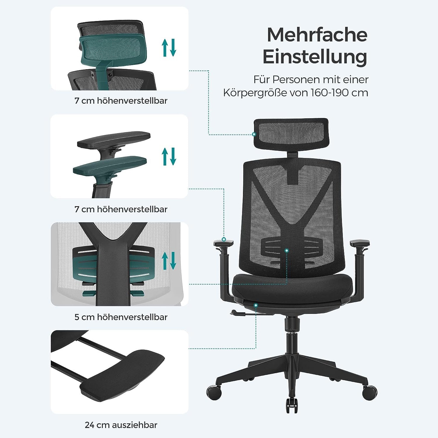 Podesiva ergonomska uredska stolica s osloncem za noge, glavu i ruke, crna | SONGMICS-vitahome.hr