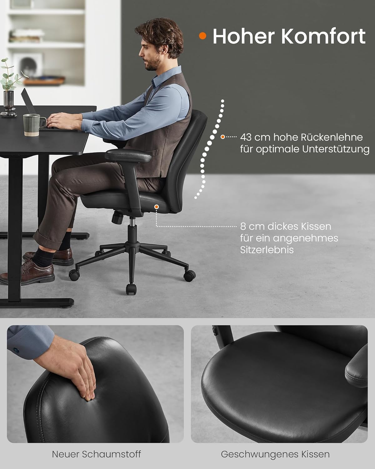 Podesiva, okretna stolica s naslonima za ruke, crne boje | SONGMICS-vitahome.hr