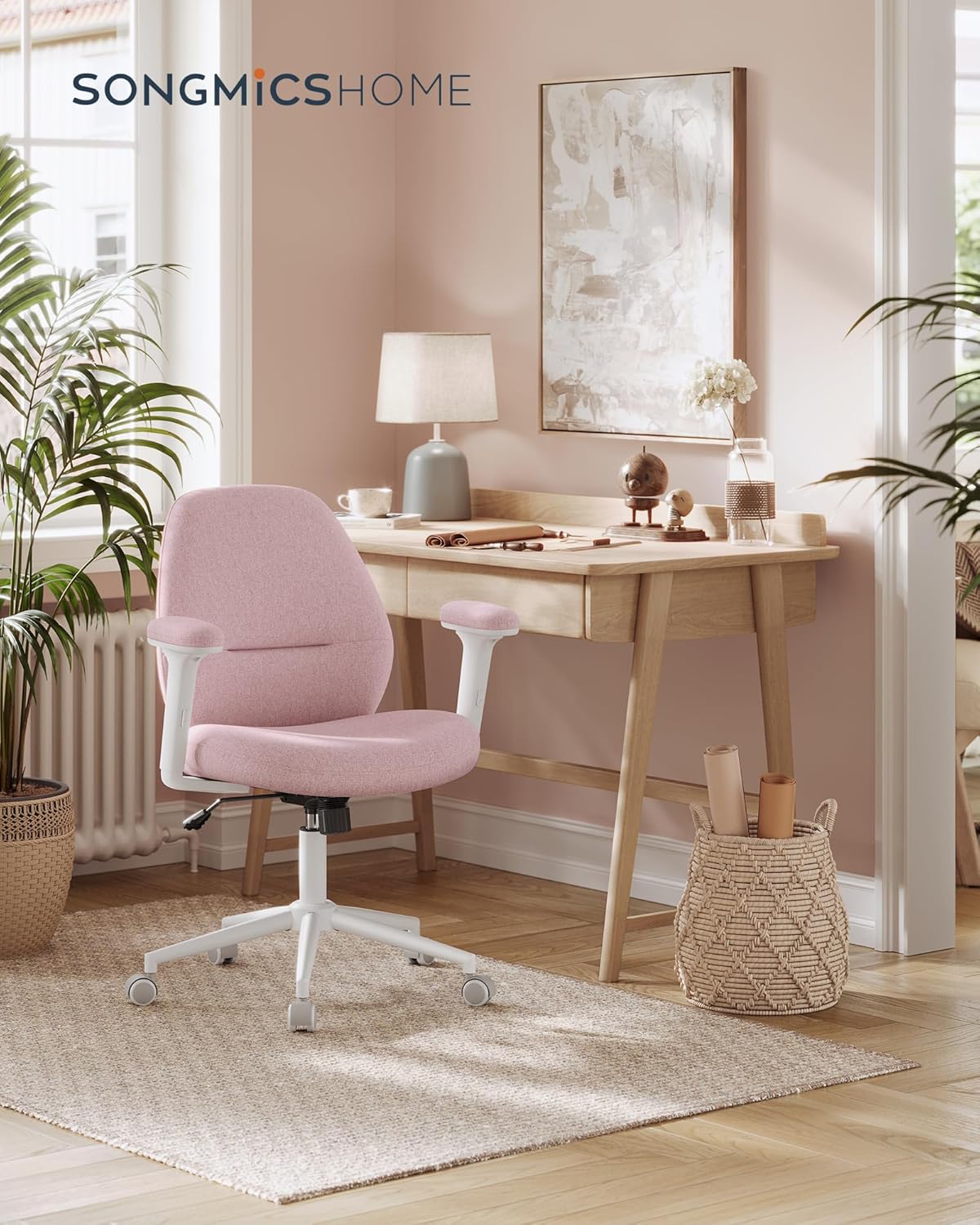 Podesiva, okretna stolica s naslonima za ruke, pastelno ružičasta | SONGMICS-vitahome.hr