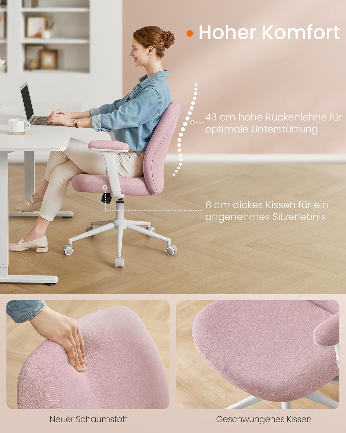 Podesiva, okretna stolica s naslonima za ruke, pastelno ružičasta | SONGMICS-vitahome.hr