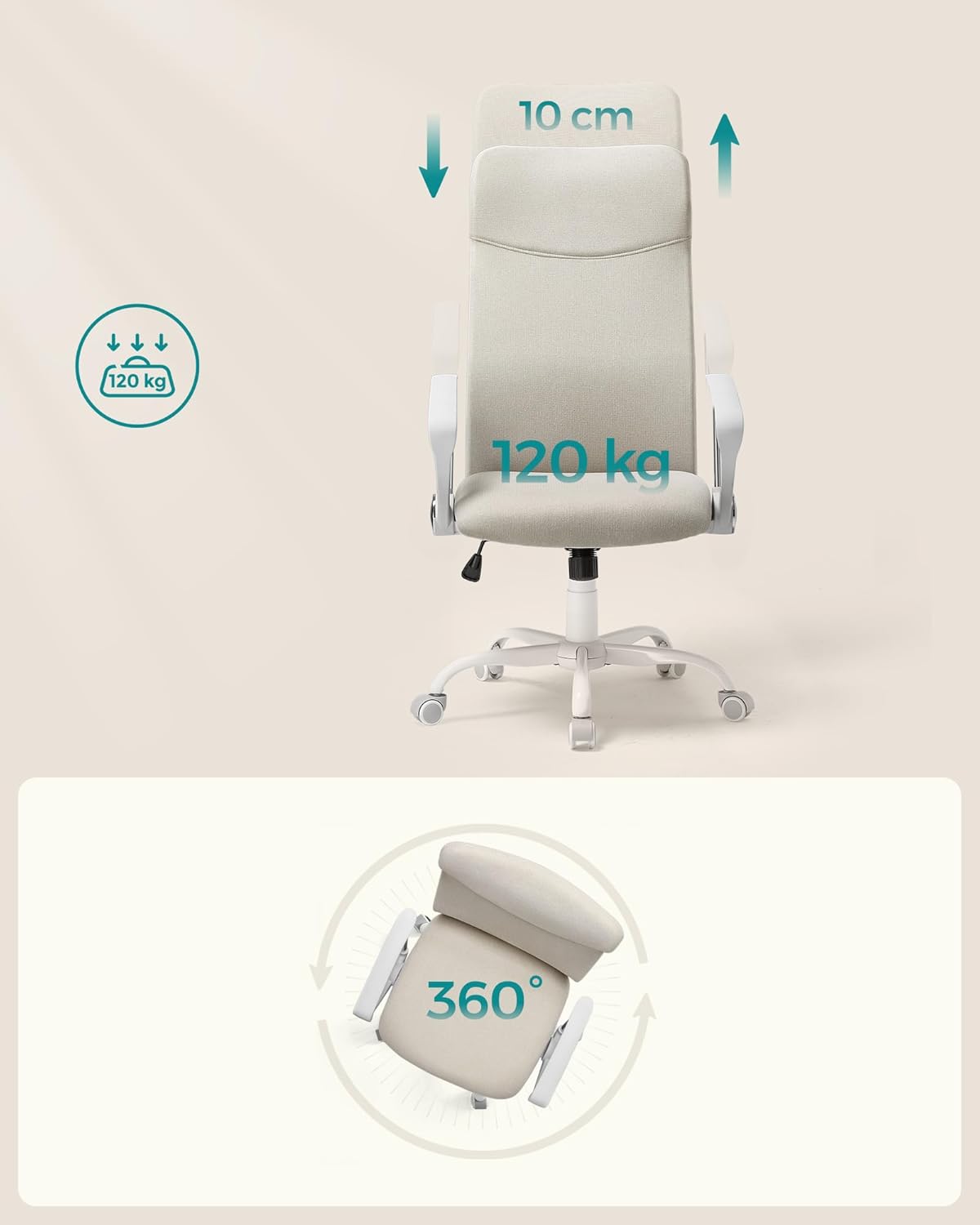 Podesiva uredska stolica, nosivosti do 120kg, bež i bijele boje | SONGMICS