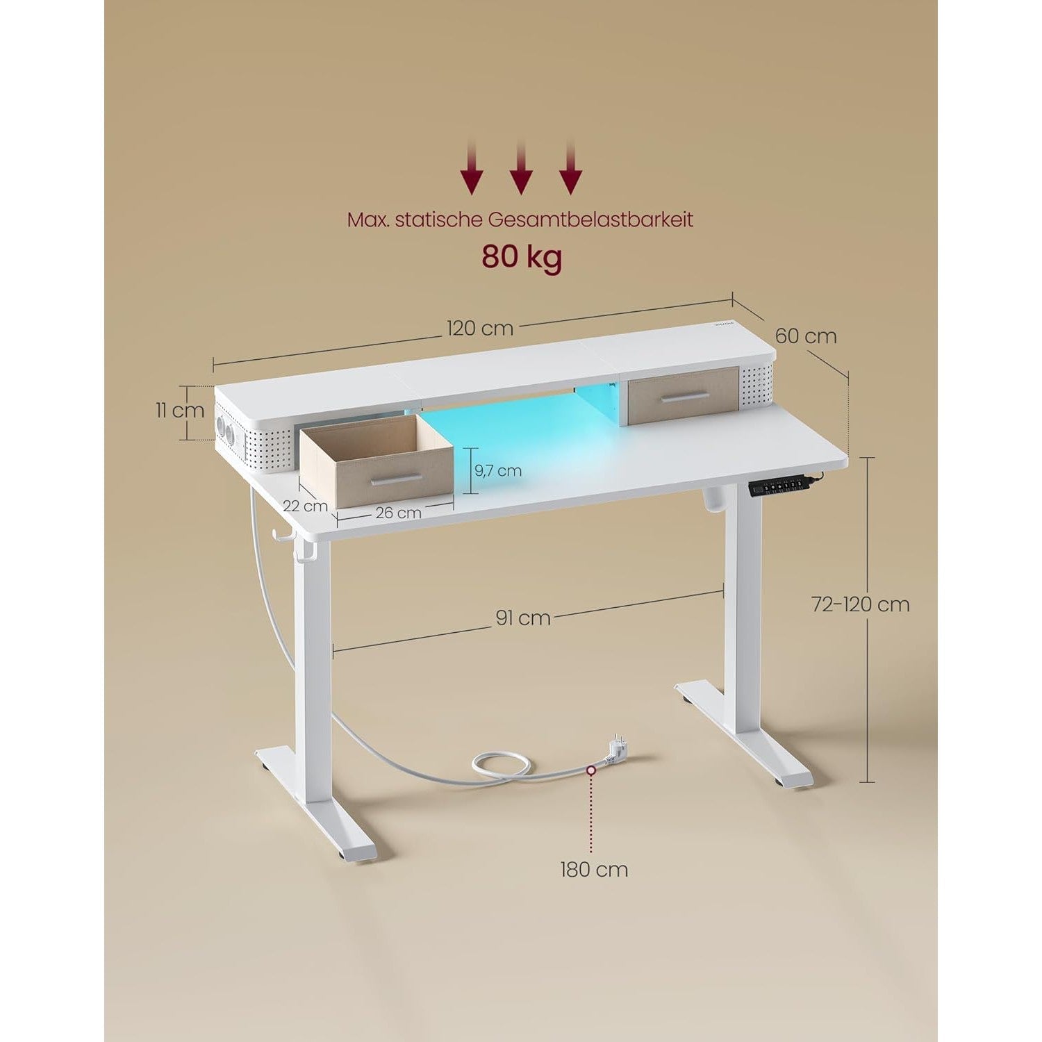 Podesivi električni radni stol, 60 x 120 x (72-120) cm, bijeli | VASAGLE-vitahome.hr