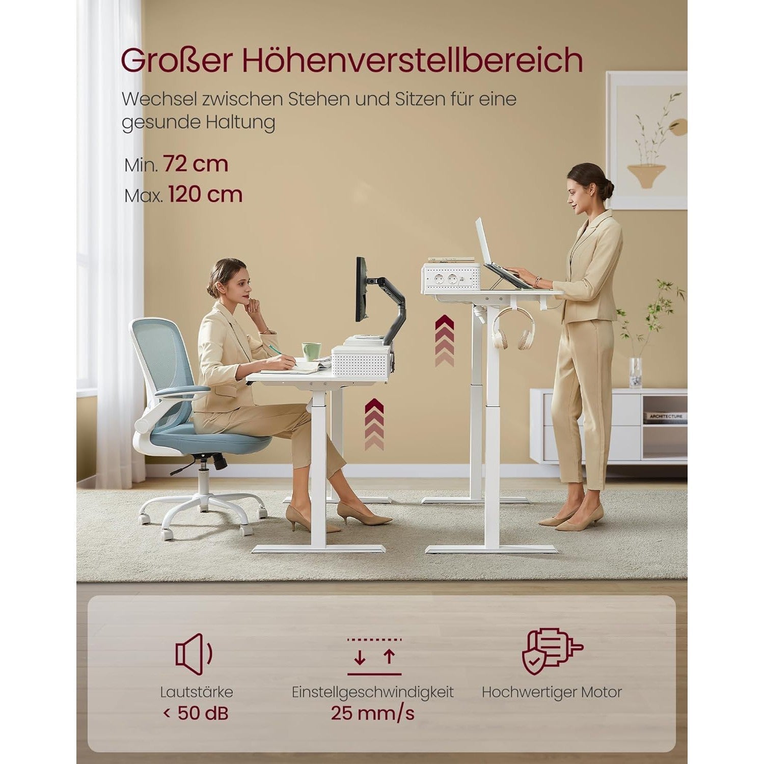 Podesivi električni radni stol, 60 x 120 x (72-120) cm, bijeli | VASAGLE-vitahome.hr