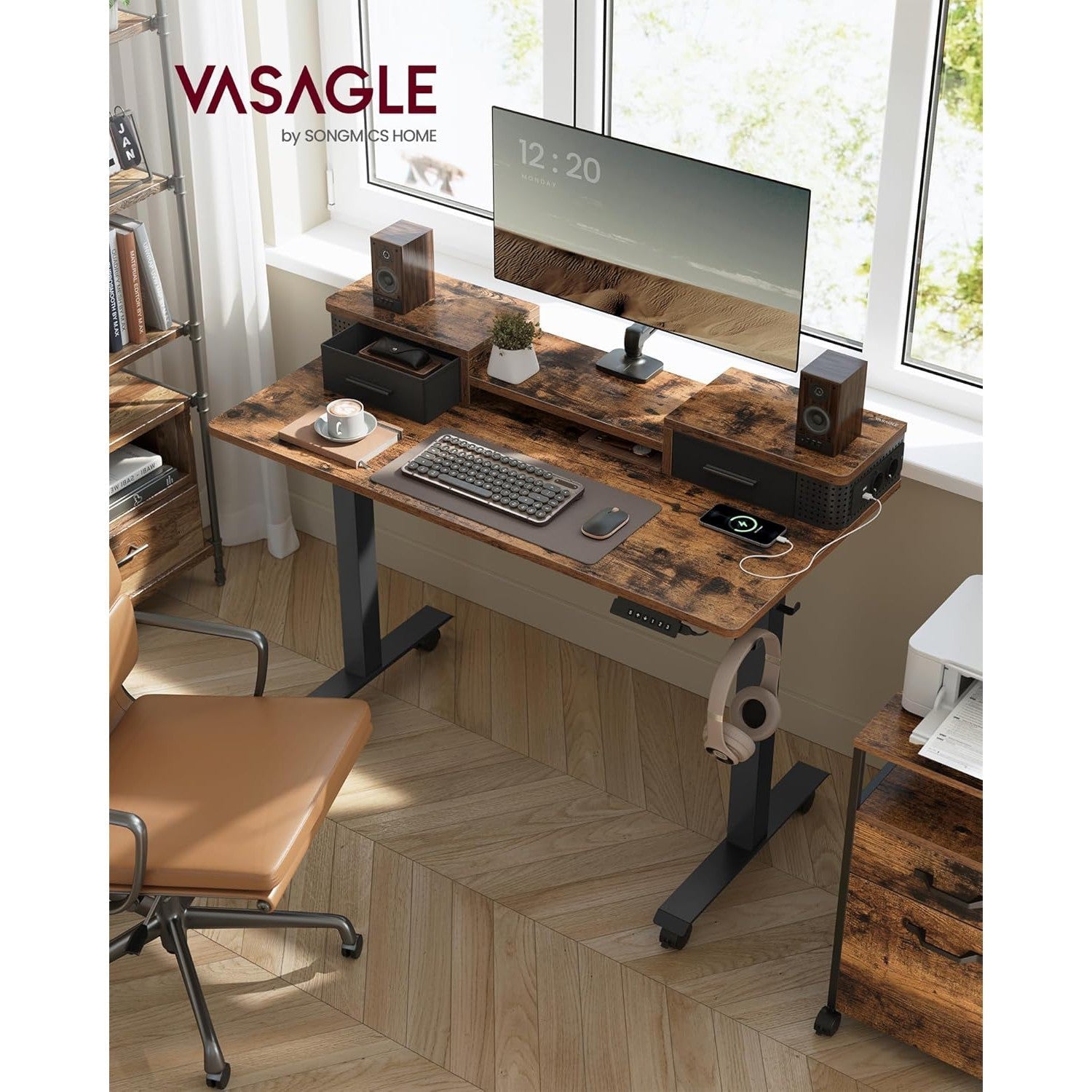 Podesivi električni stol, 60 x 120 x (72-120) s postoljem za monitor, smeđe-crni | VASAGLE-vitahome.hr