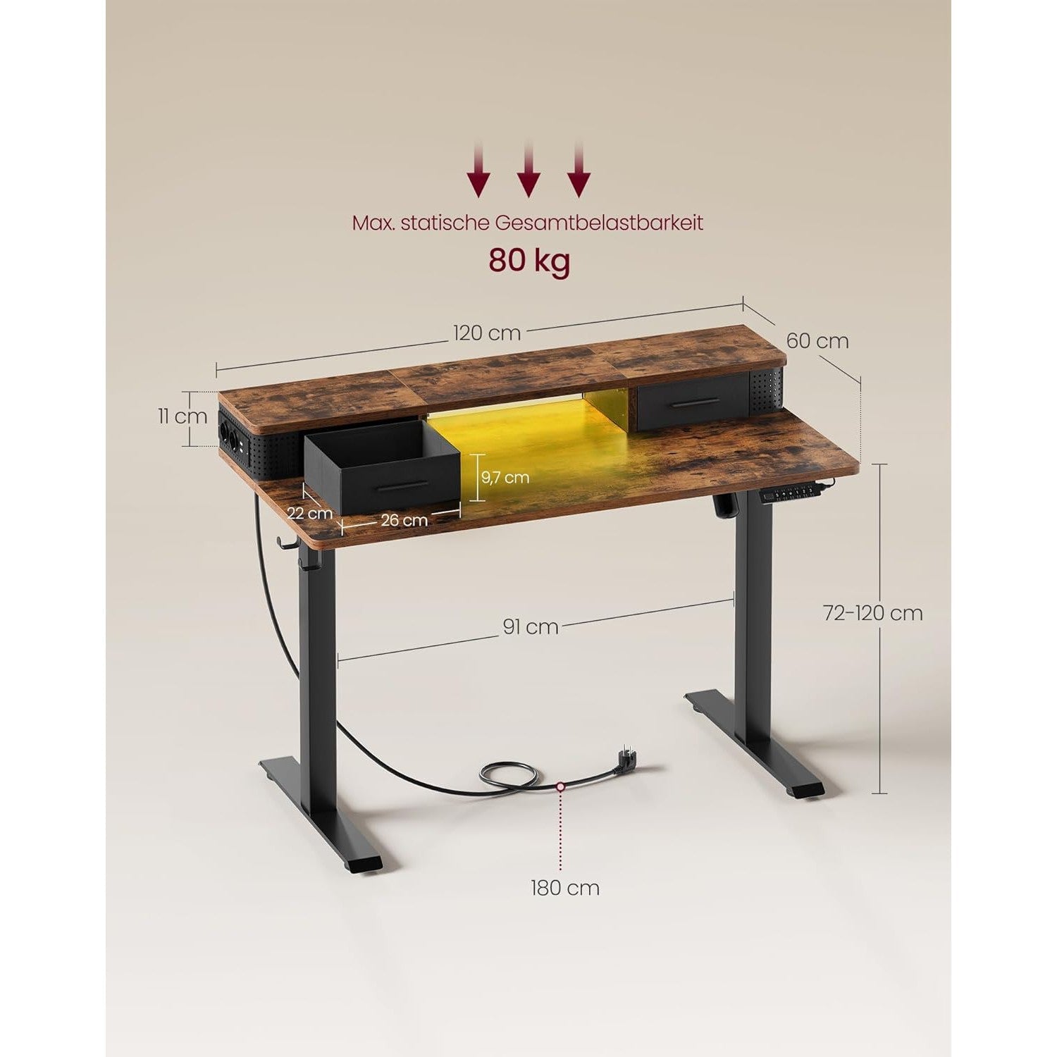 Podesivi električni stol, 60 x 120 x (72-120) s postoljem za monitor, smeđe-crni | VASAGLE-vitahome.hr