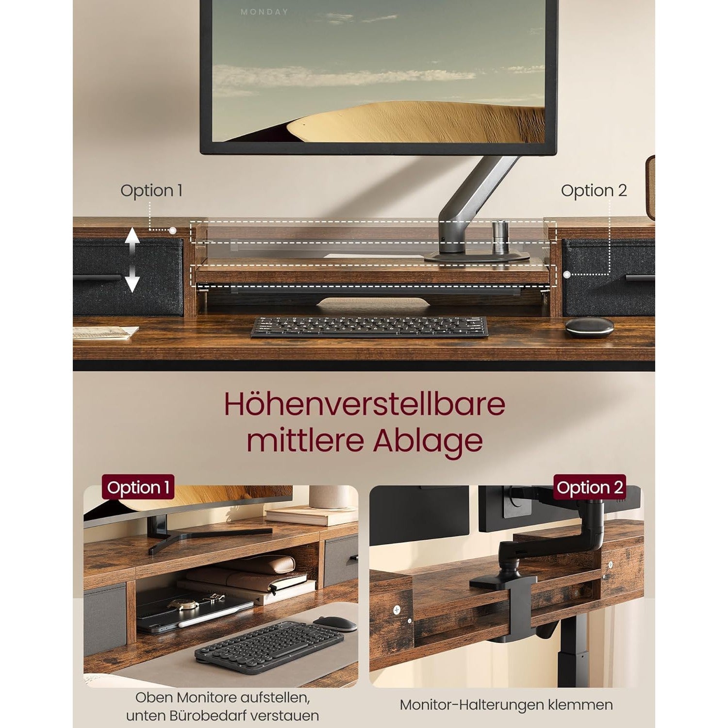 Podesivi električni stol, 60 x 120 x (72-120) s postoljem za monitor, smeđe-crni | VASAGLE-vitahome.hr
