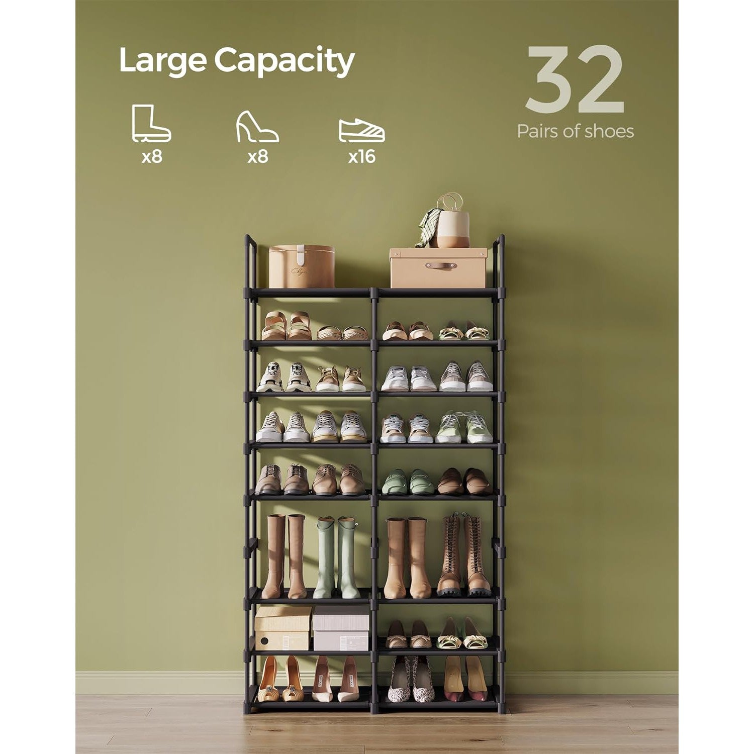 Podesivi stalak za cipele na 8 razina, 29,5 x 86,9 x 157,6 cm, crni | SONGMICS-vitahome.hr