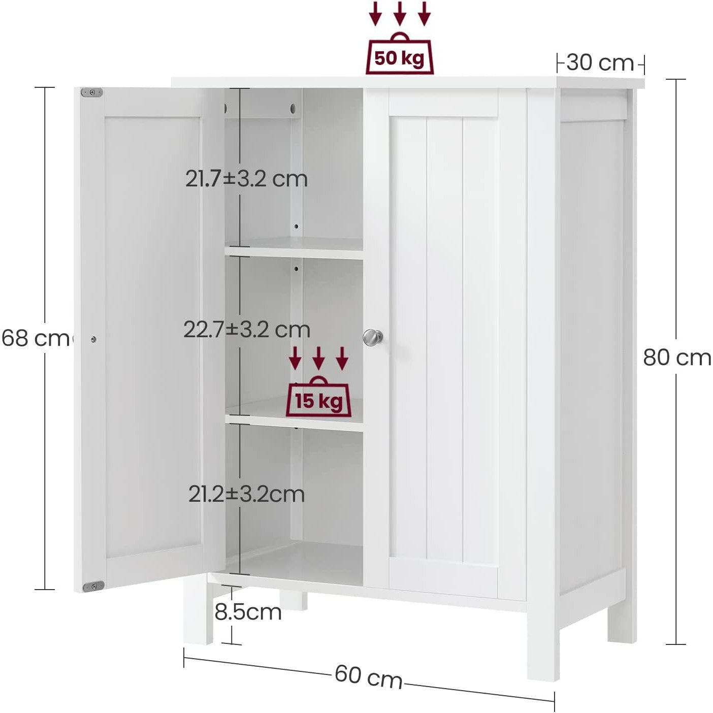 Podni kupaonski ormarić s podesivim policama, 60 x 80 x 30 cm, bijeli | VASAGLE-vitahome.hr