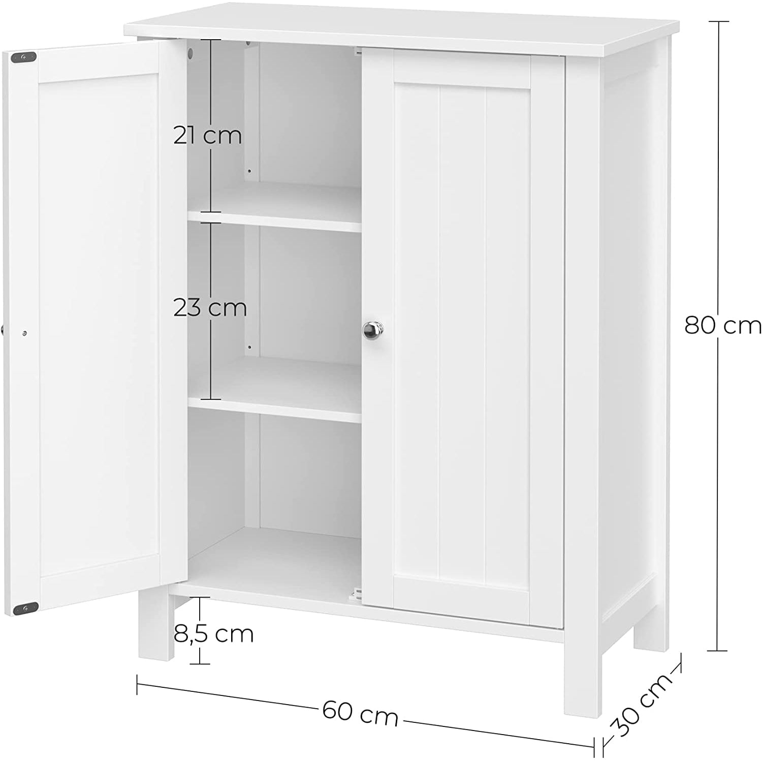 Podni kupaonski ormarić s podesivim policama, 60 x 80 x 30 cm, bijeli | VASAGLE-vitahome.hr