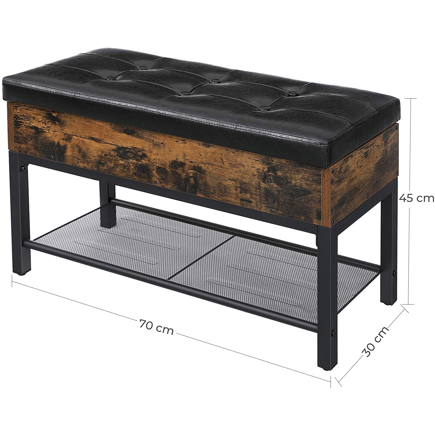 Podstavljena klupa za cipele s mrežastom policom 70 x 30 x 45 cm, rustikalno smeđa | Vasagle-vitahome.hr