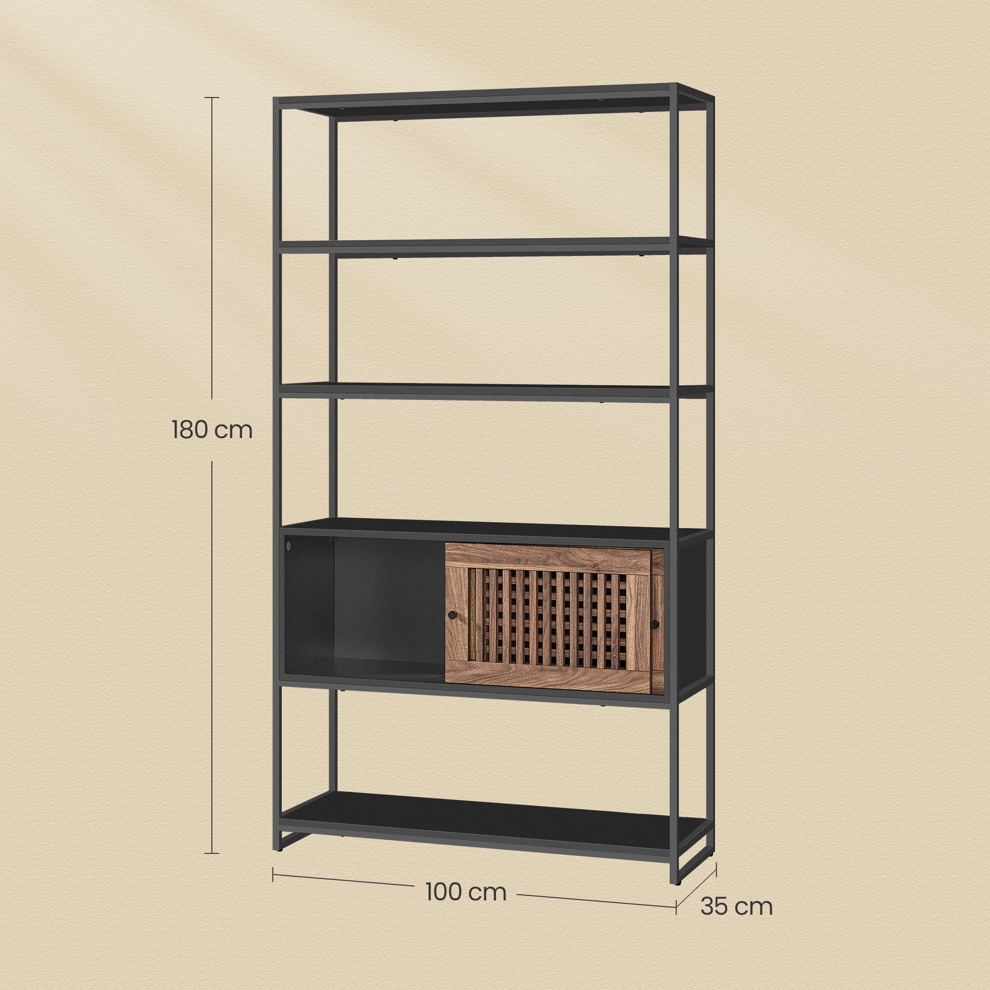 Polica na 5 razina s 1 zatvorenim pretincem, 100 x 35 x 181 cm, crne i boje oraha | VASAGLE-vitahome.hr