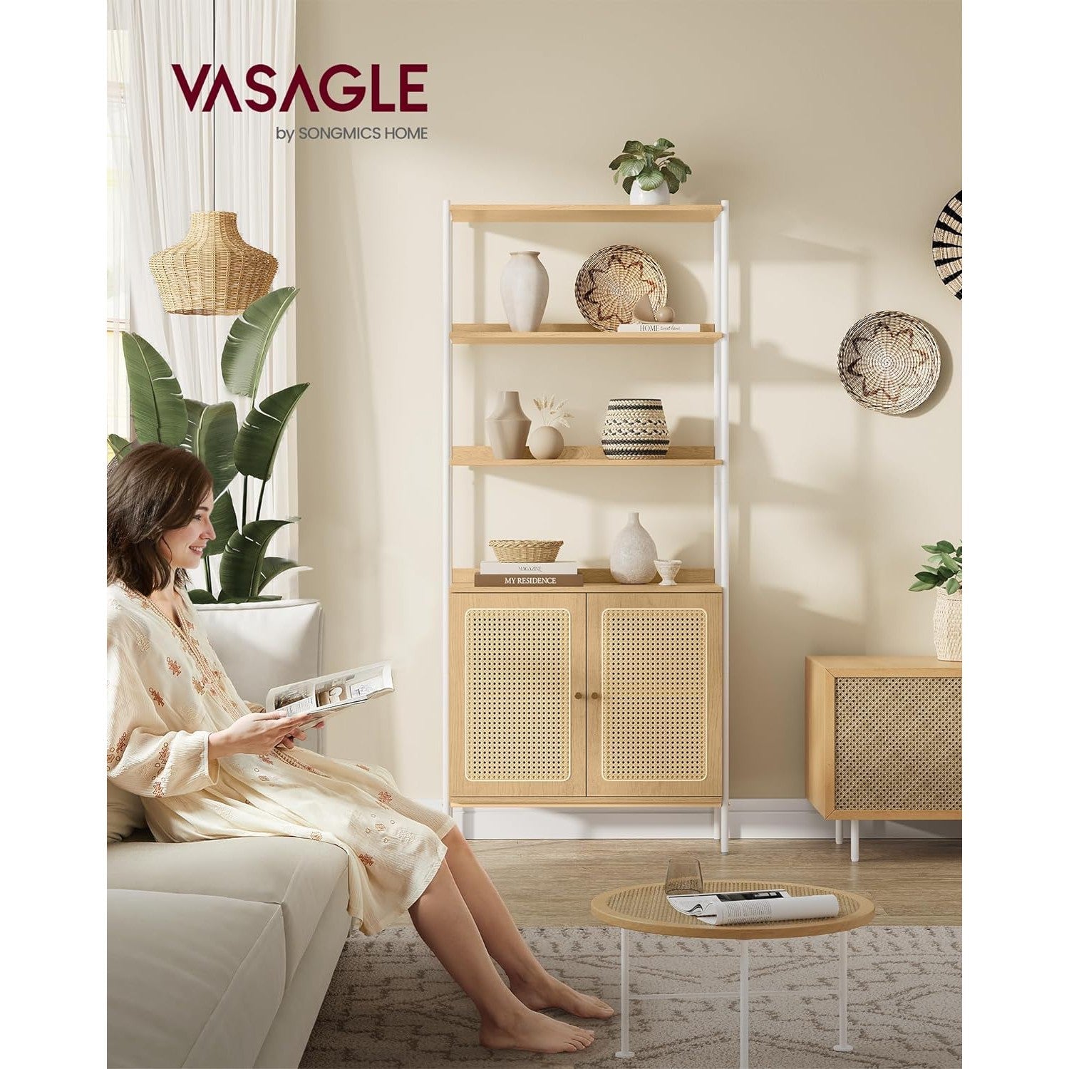 Polica na 6 razina s zatvorenim pretincem, 30x76,4x174,7 cm, bijela-hrast | VASAGLE-vitahome.hr