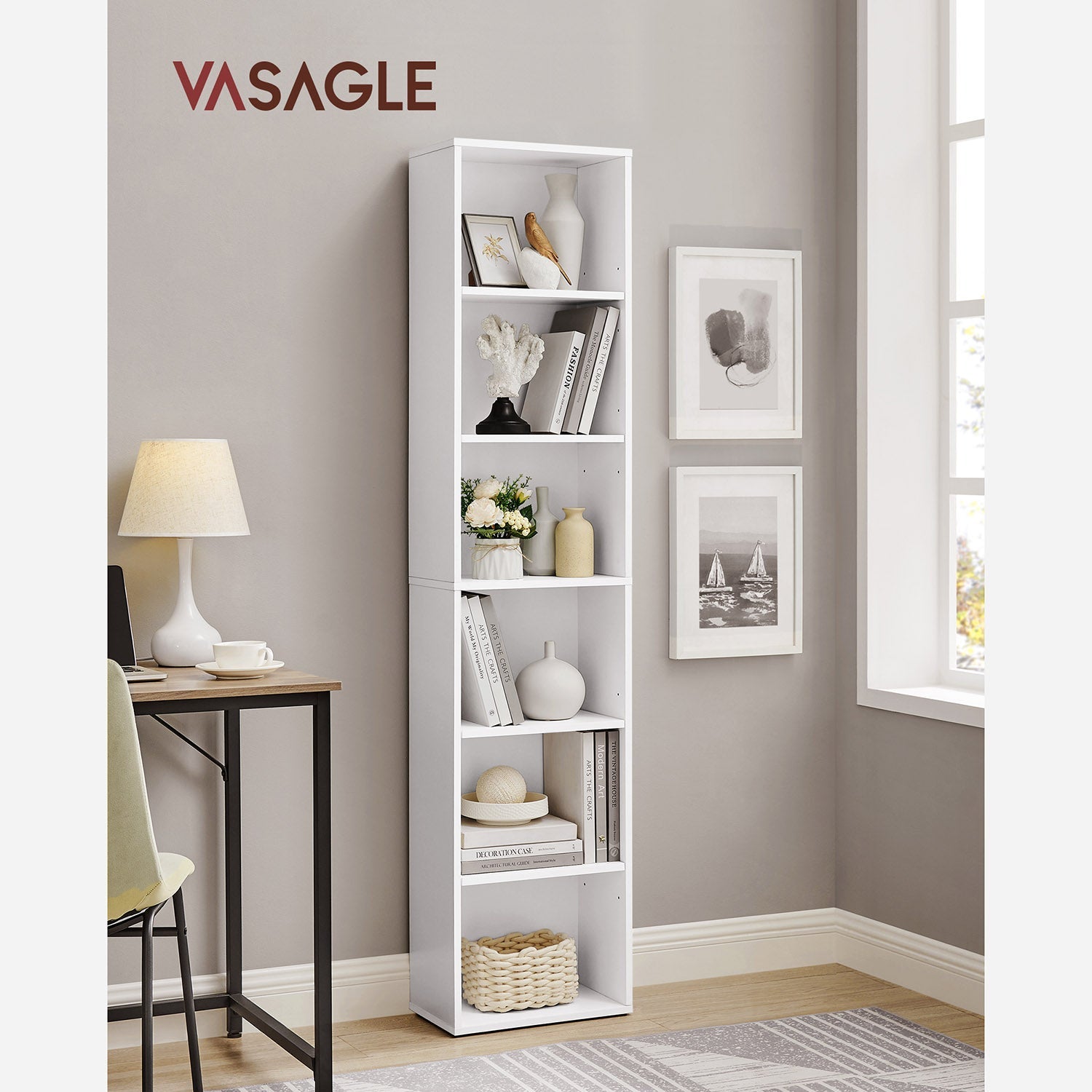 Polica na 6 razina, skandinavski stil, 40 x 24 x 179 cm, bijela | VASAGLE-vitahome.hr