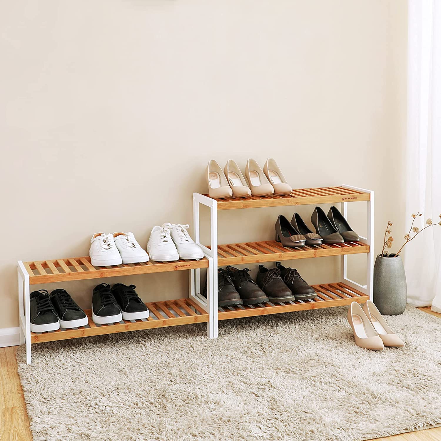 Polica od bambusa na 3 razine, stalak za cipele,70x26x55 cm, prirodna i bijela | SONGMICS-vitahome.hr