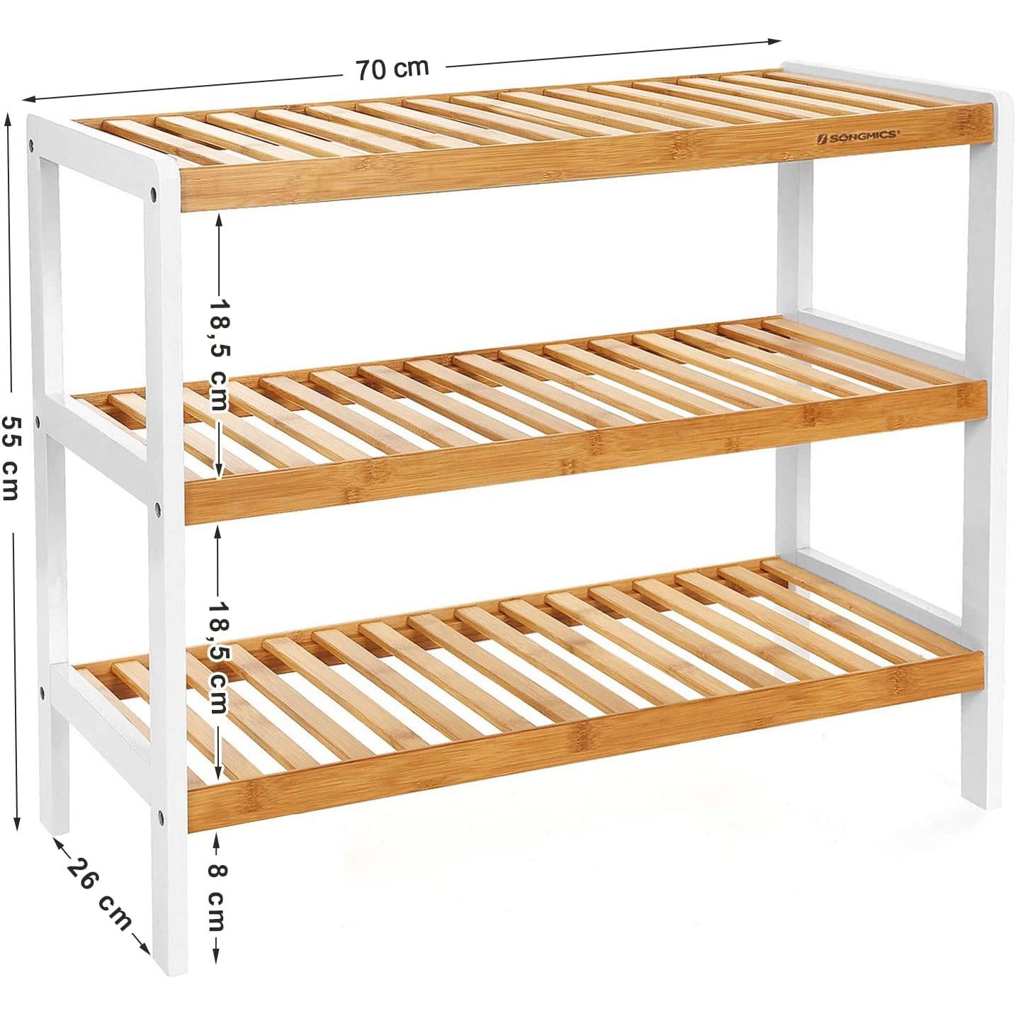 Polica od bambusa na 3 razine, stalak za cipele,70x26x55 cm, prirodna i bijela | SONGMICS-vitahome.hr