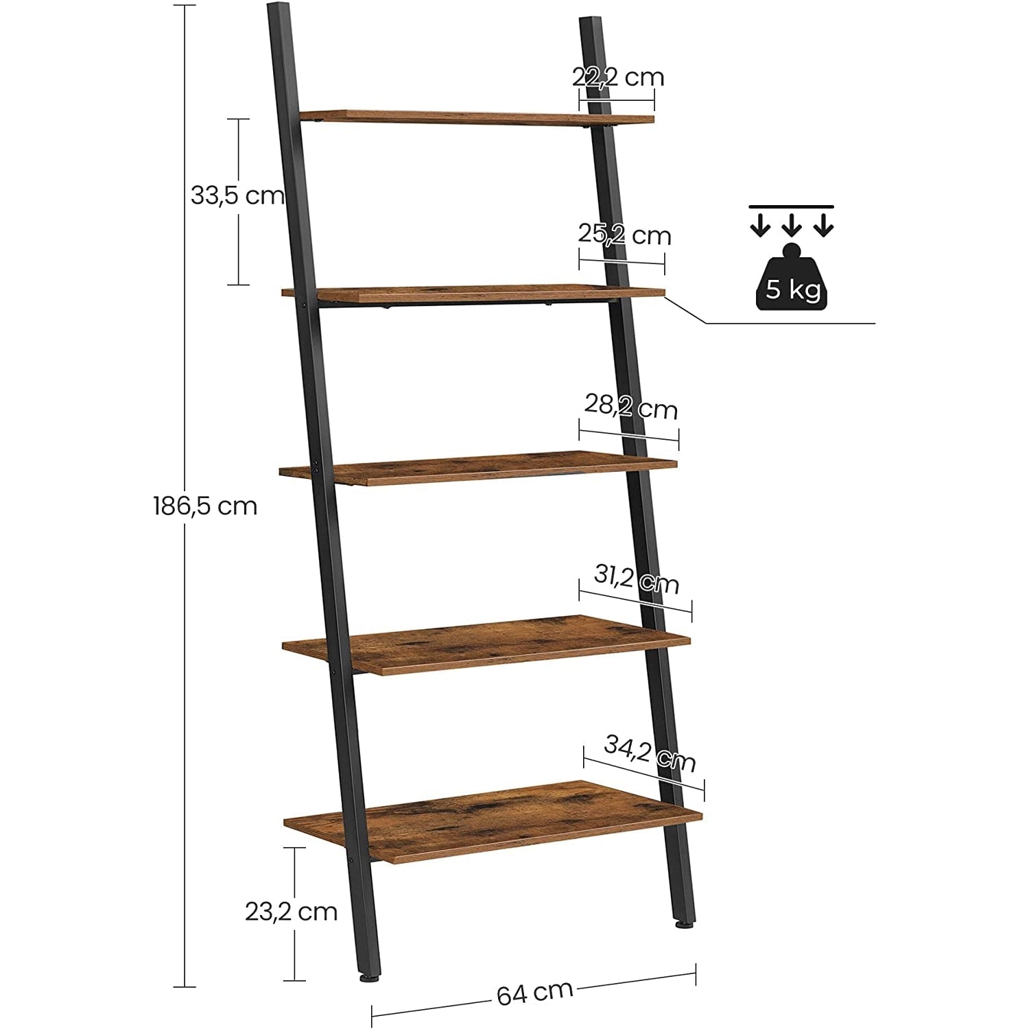 Polica s ljestvama, polica za knjige na 5 razina 64 x 34 x 186 cm smeđa | Vasagle-vitahome.hr