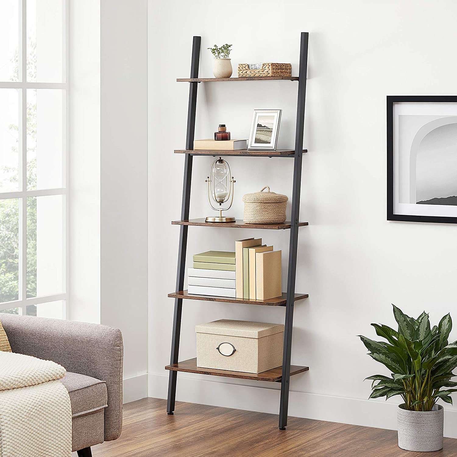 Polica s ljestvama, polica za knjige na 5 razina 64 x 34 x 186 cm smeđa | Vasagle-vitahome.hr