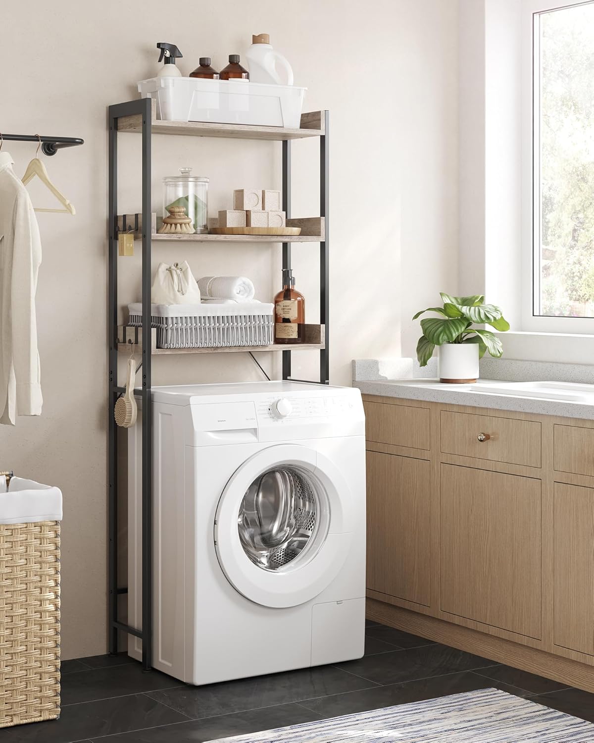 Polica za iznad WC školjke/perilice rublja s 3 razine, sivo-bež i crna