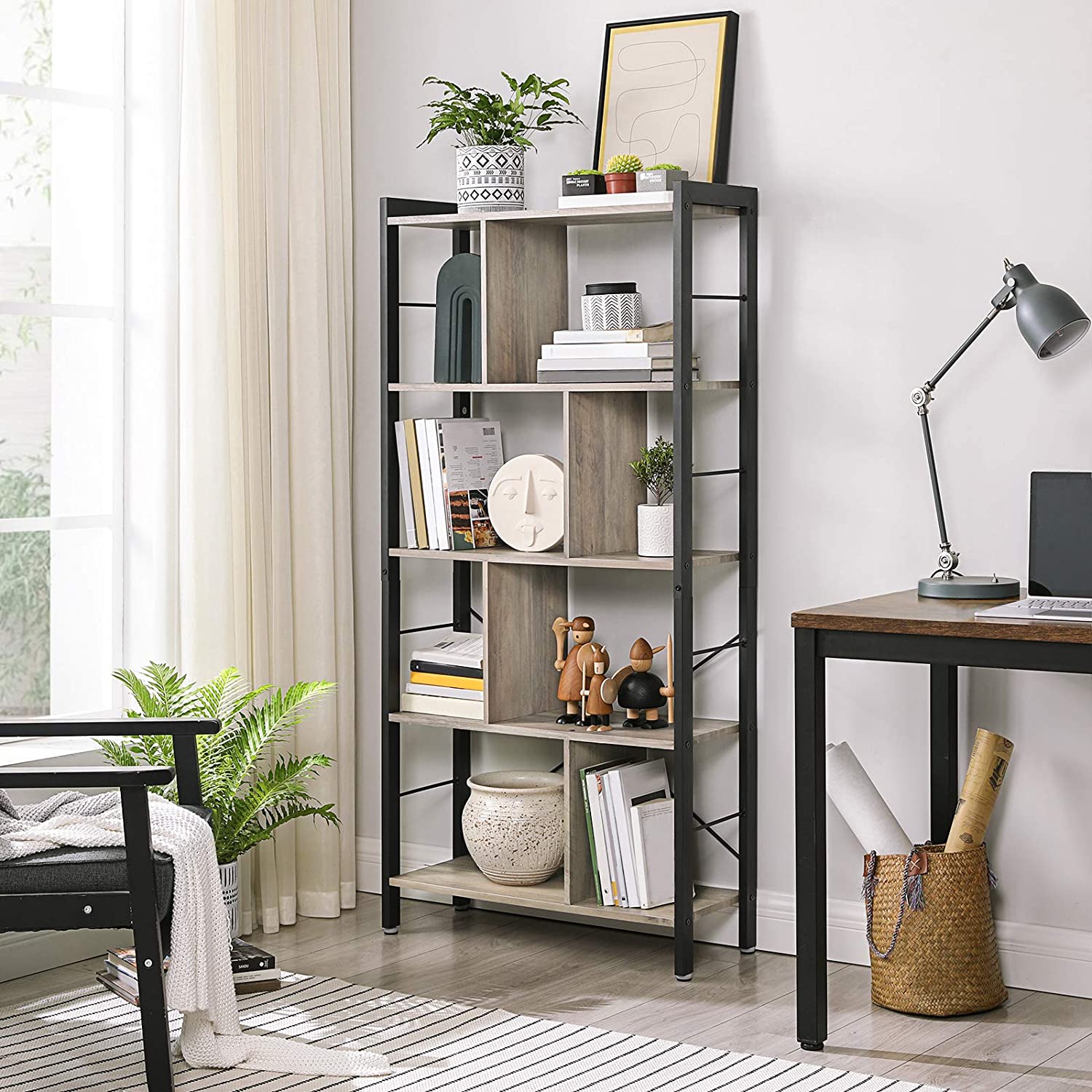 polica za knjige, dnevni boravak 74 x 154,5 x 30 cm, siva i crna | Vasagle-vitahome.hr