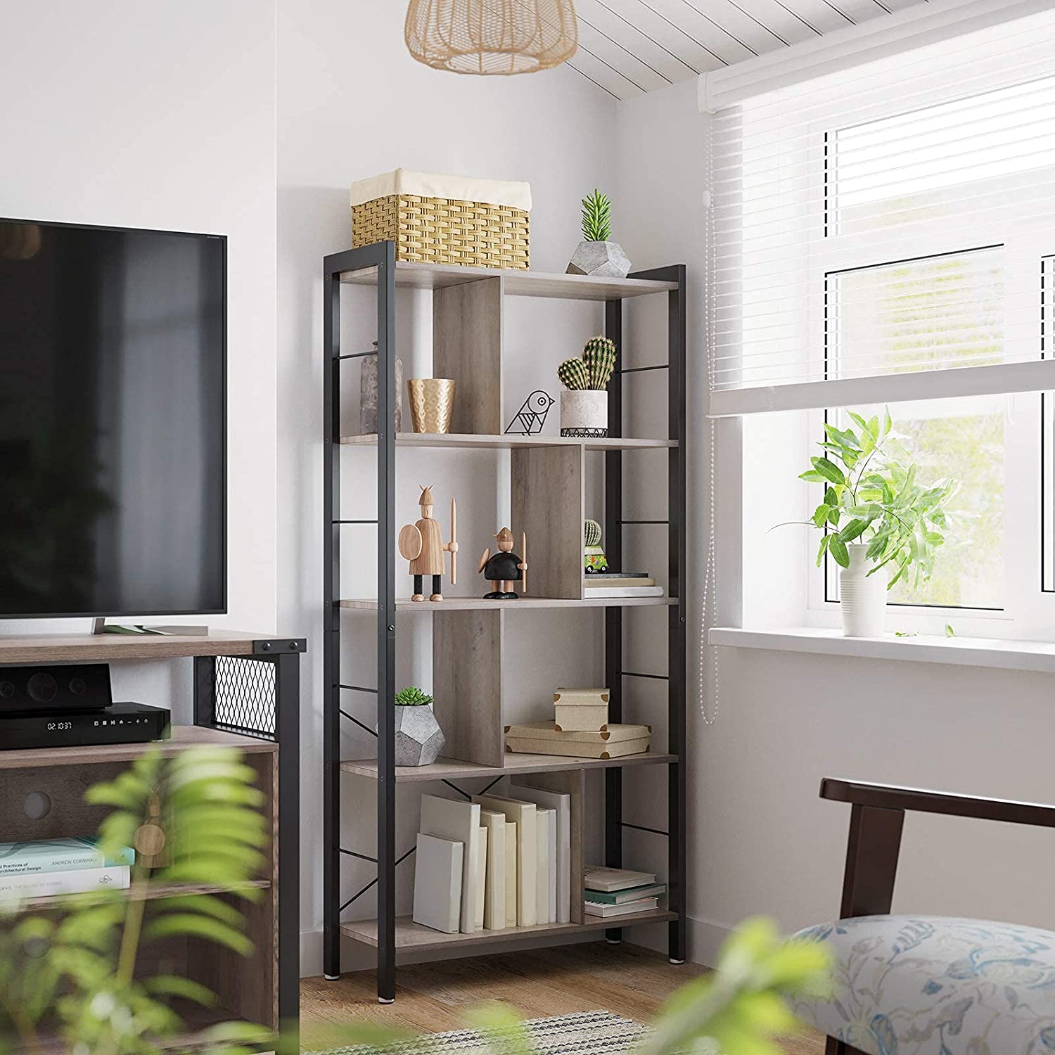 polica za knjige, dnevni boravak 74 x 154,5 x 30 cm, siva i crna | Vasagle-vitahome.hr