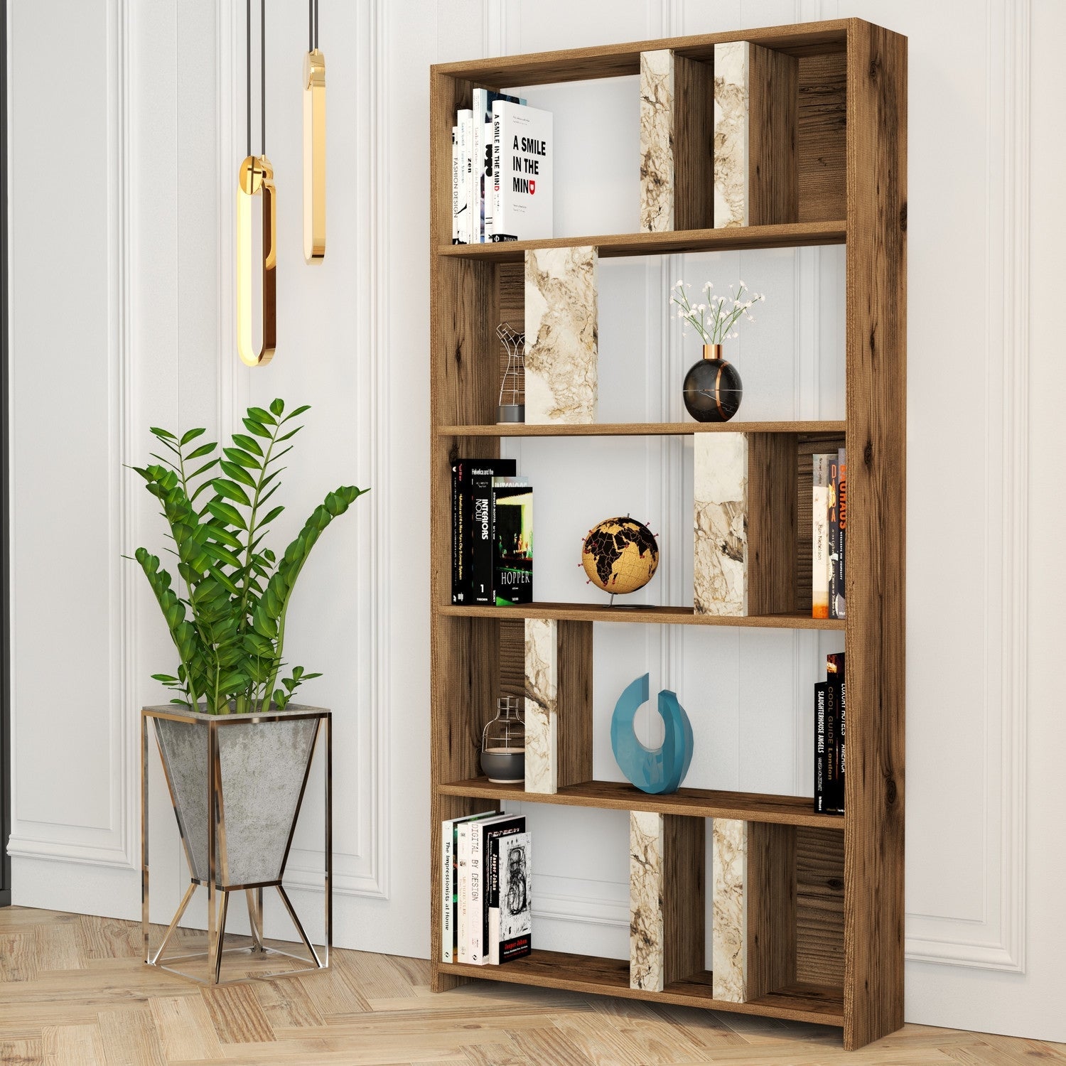 Polica za knjige Lima - Walnut, White Marble | AG-vitahome.hr
