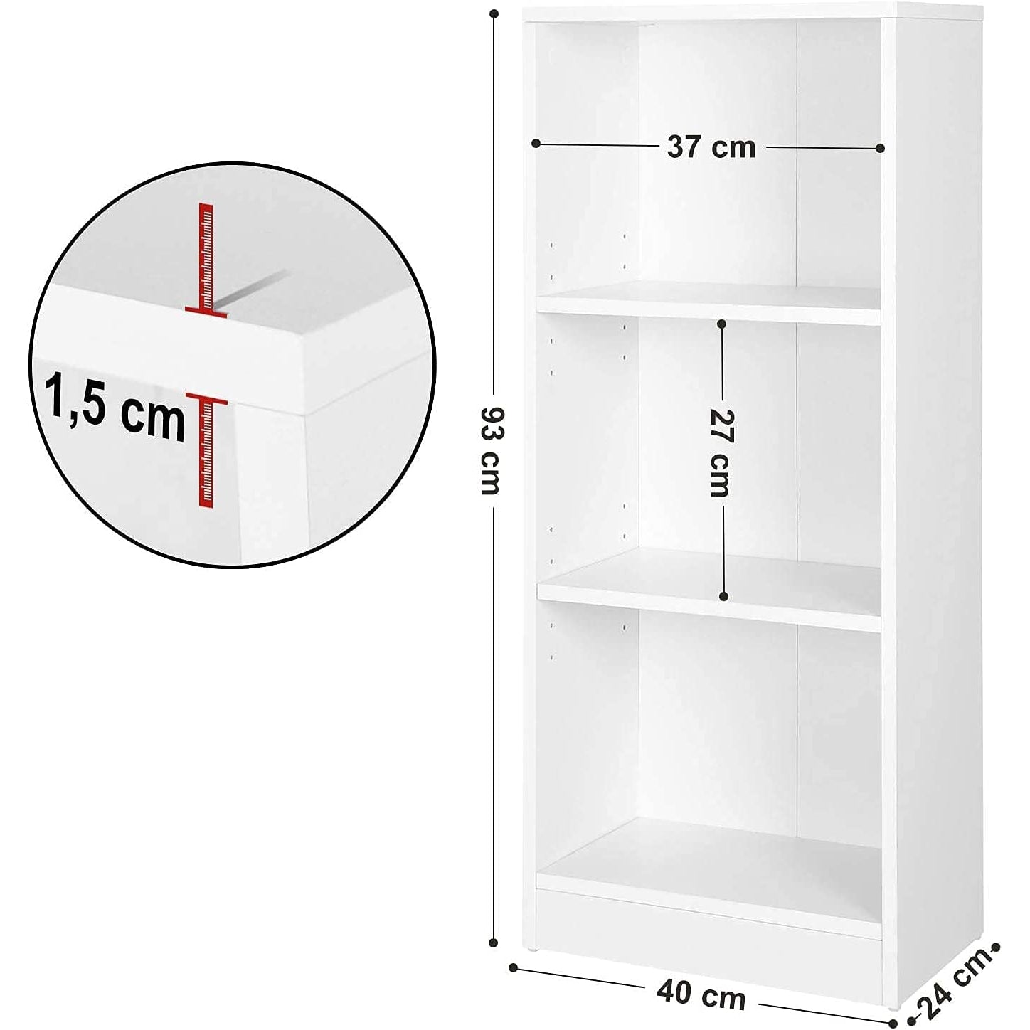 Polica za knjige na 3 razine s podesivim policama, 40 x 93 x 24 cm, bijela | VASAGLE-vitahome.hr