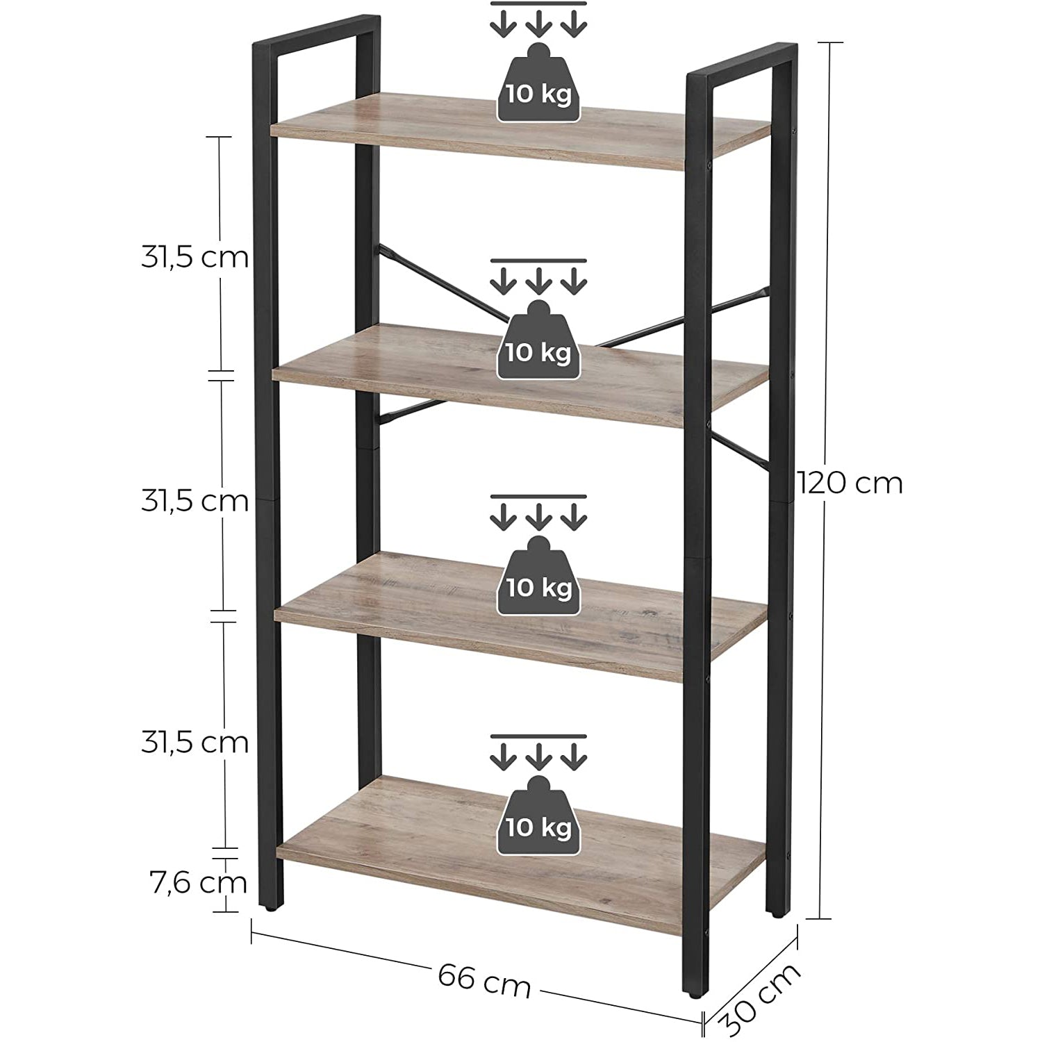 Polica za knjige na 4 razine, polica za odlaganje 66 x 120 x 30 cm, sivo-crna | SONGMICS-vitahome.hr