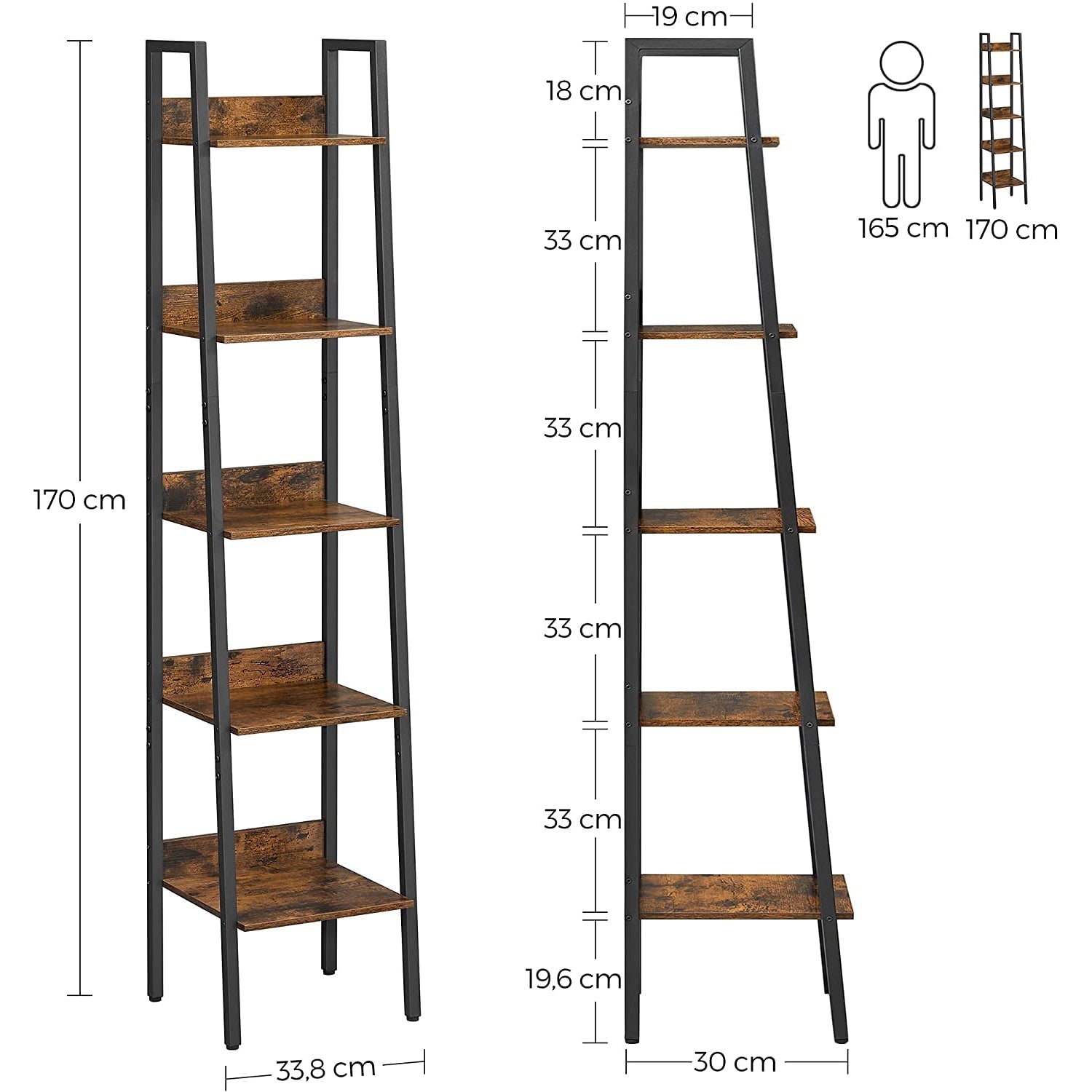 Polica za knjige na 5 razina, 33,8 x 170 x 30 cm, rustikalno smeđa i crna | VASAGLE-vitahome.hr