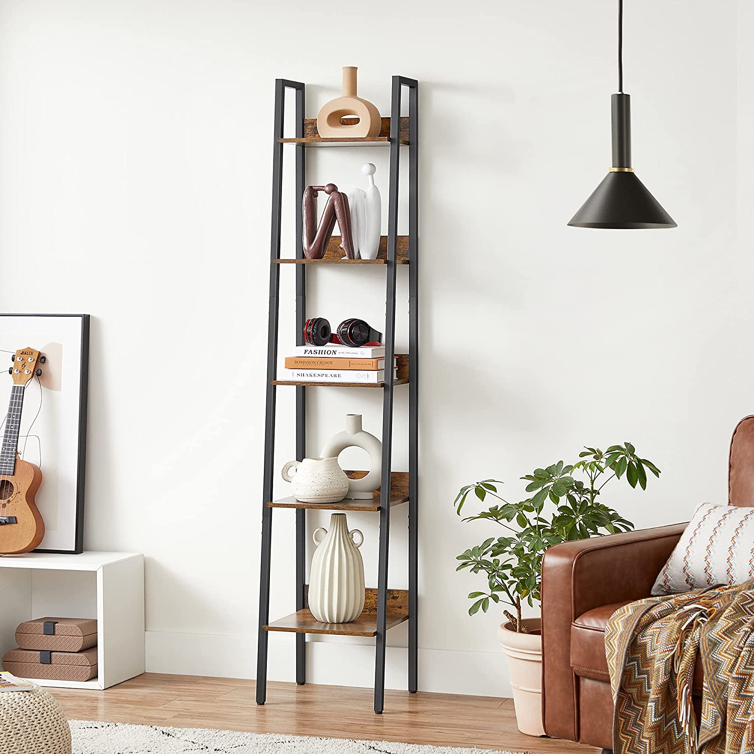 Polica za knjige na 5 razina, 33,8 x 170 x 30 cm, rustikalno smeđa i crna | VASAGLE-vitahome.hr