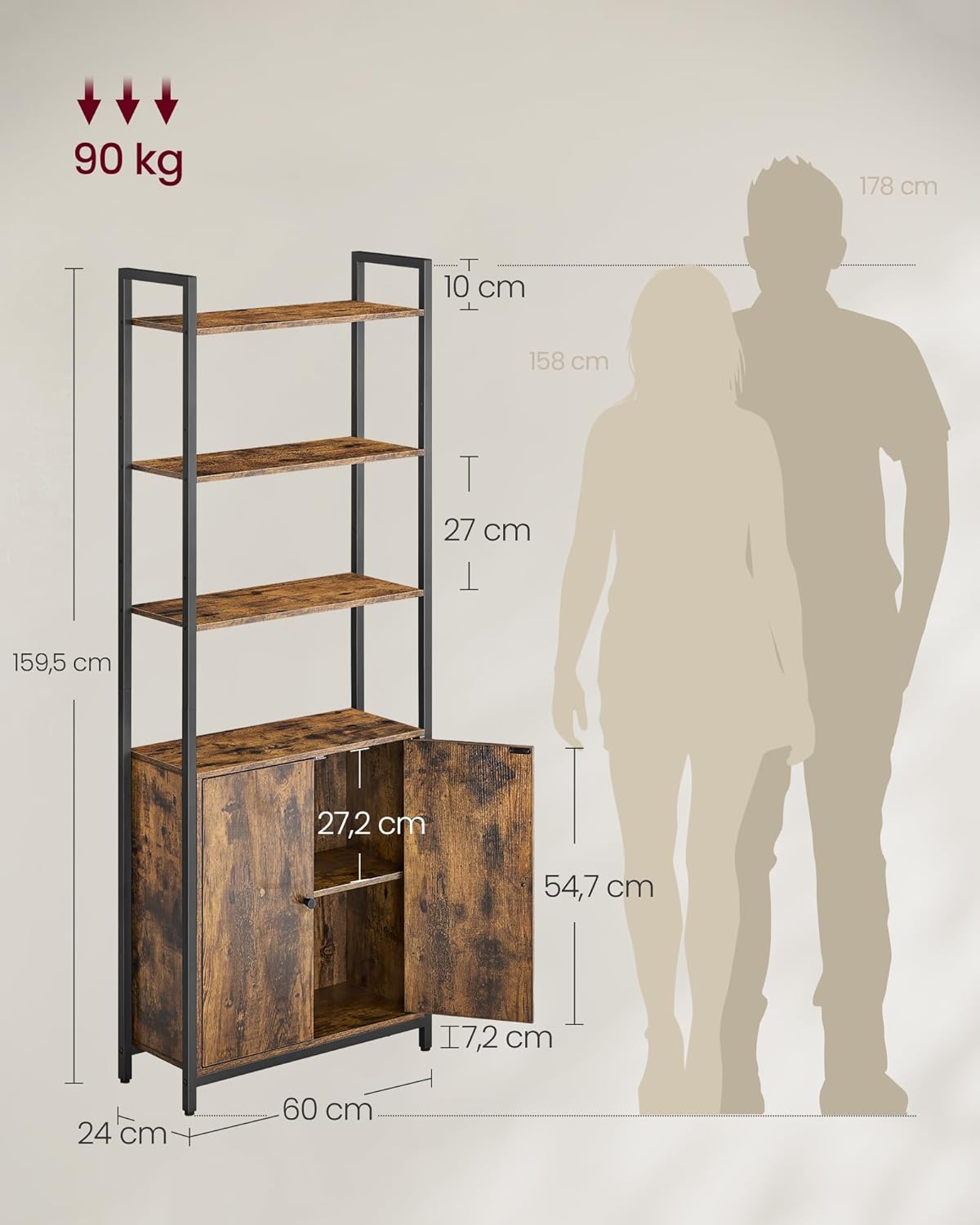 Polica za knjige na 6 razina, 24 x 60 x 159,5 cm, rustikalno smeđa i crna | VASAGLE-VASAGLE-Vita Home