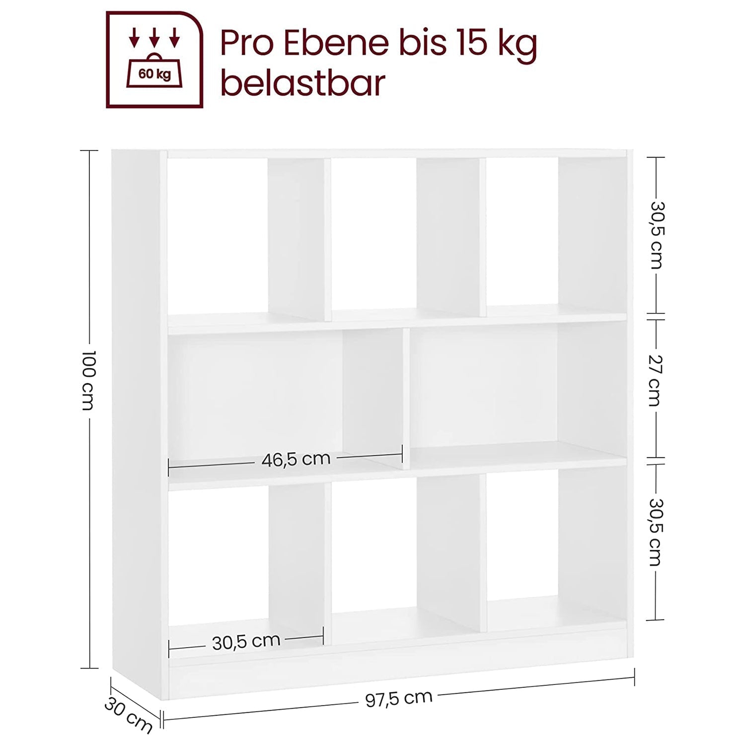 Polica za knjige, pregradna polica, 97,5 x 100 x 30 cm, bijela | Vasagle-vitahome.hr