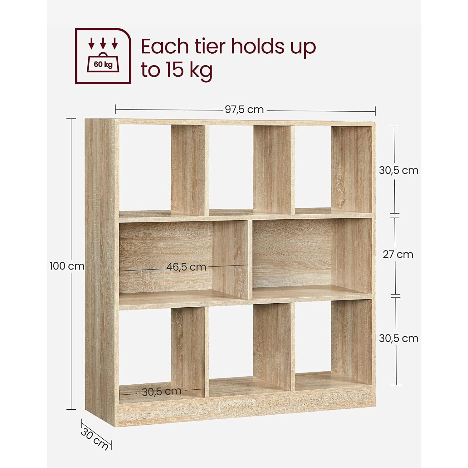 polica za knjige, pregradna polica, 97,5 x 100 x 30 cm boja hrasta | Vasagle-vitahome.hr