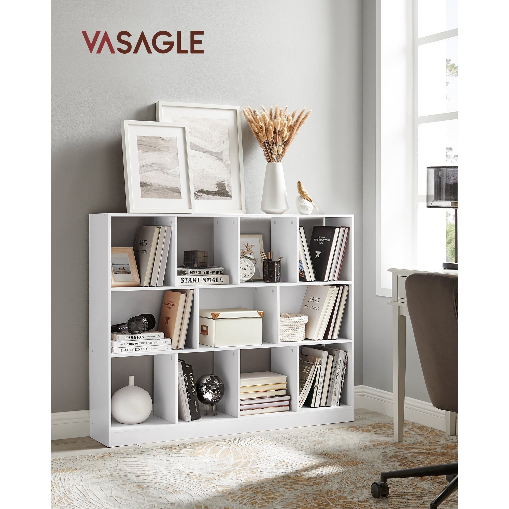 Polica za knjige, regal s 11 otvorenih odjeljaka, 30 x 126 x 100 cm, bijele boje | VASAGLE-vitahome.hr