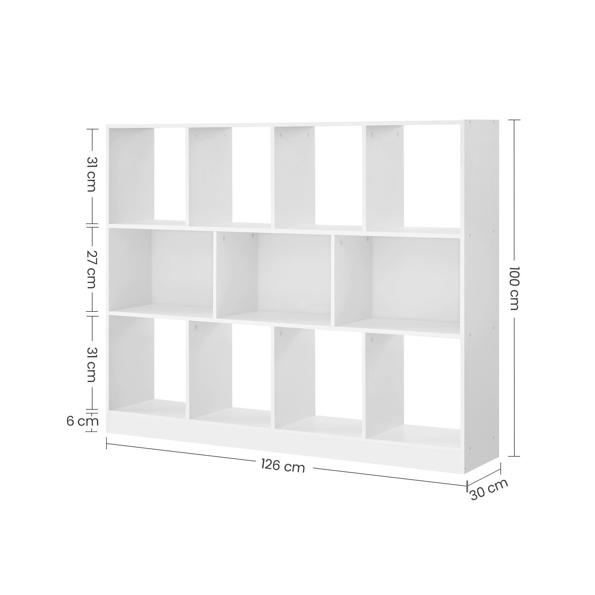 Polica za knjige, regal s 11 otvorenih odjeljaka, 30 x 126 x 100 cm, bijele boje | VASAGLE-vitahome.hr