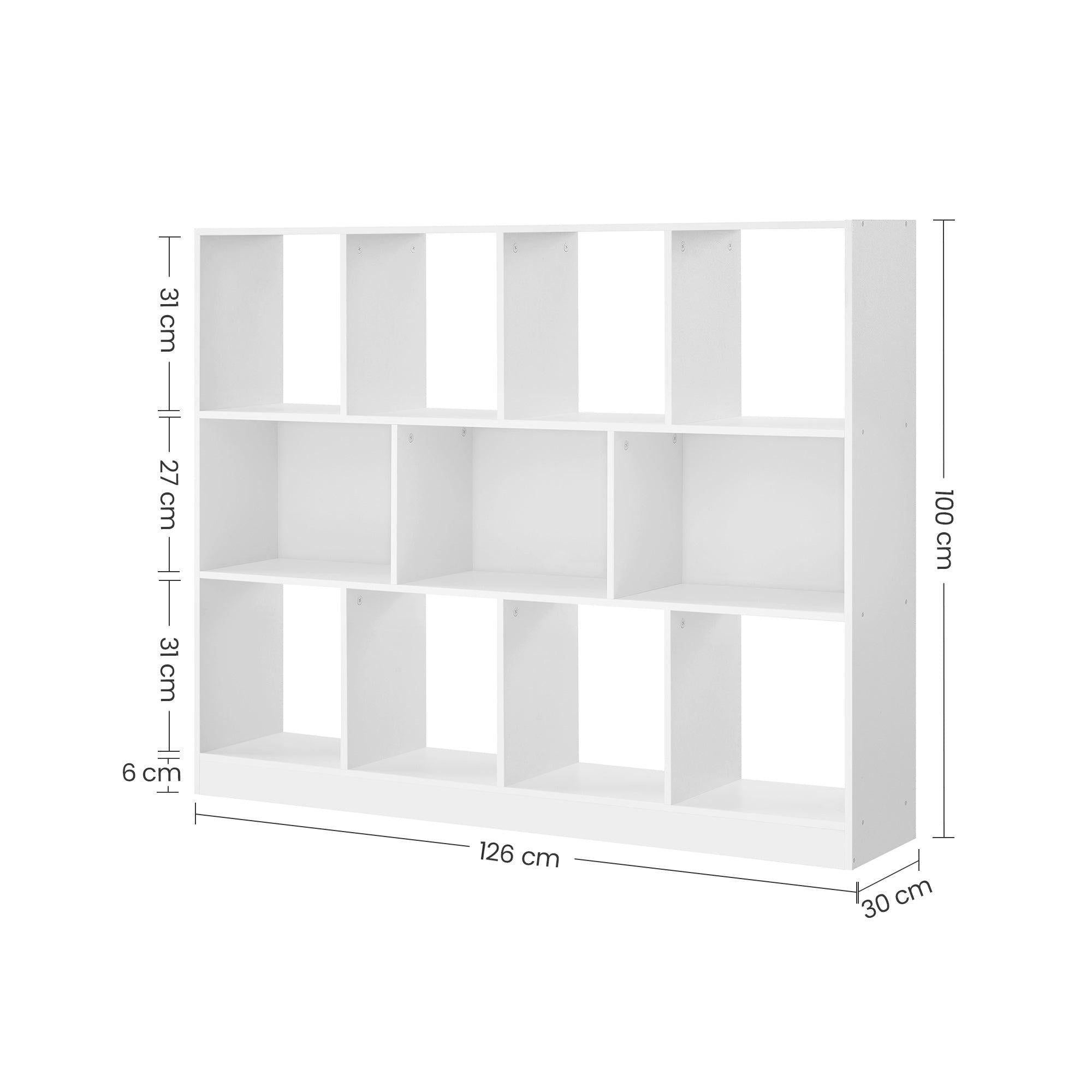 Polica za knjige, regal s 11 otvorenih odjeljaka, 30 x 126 x 100 cm, bijele boje | VASAGLE-vitahome.hr